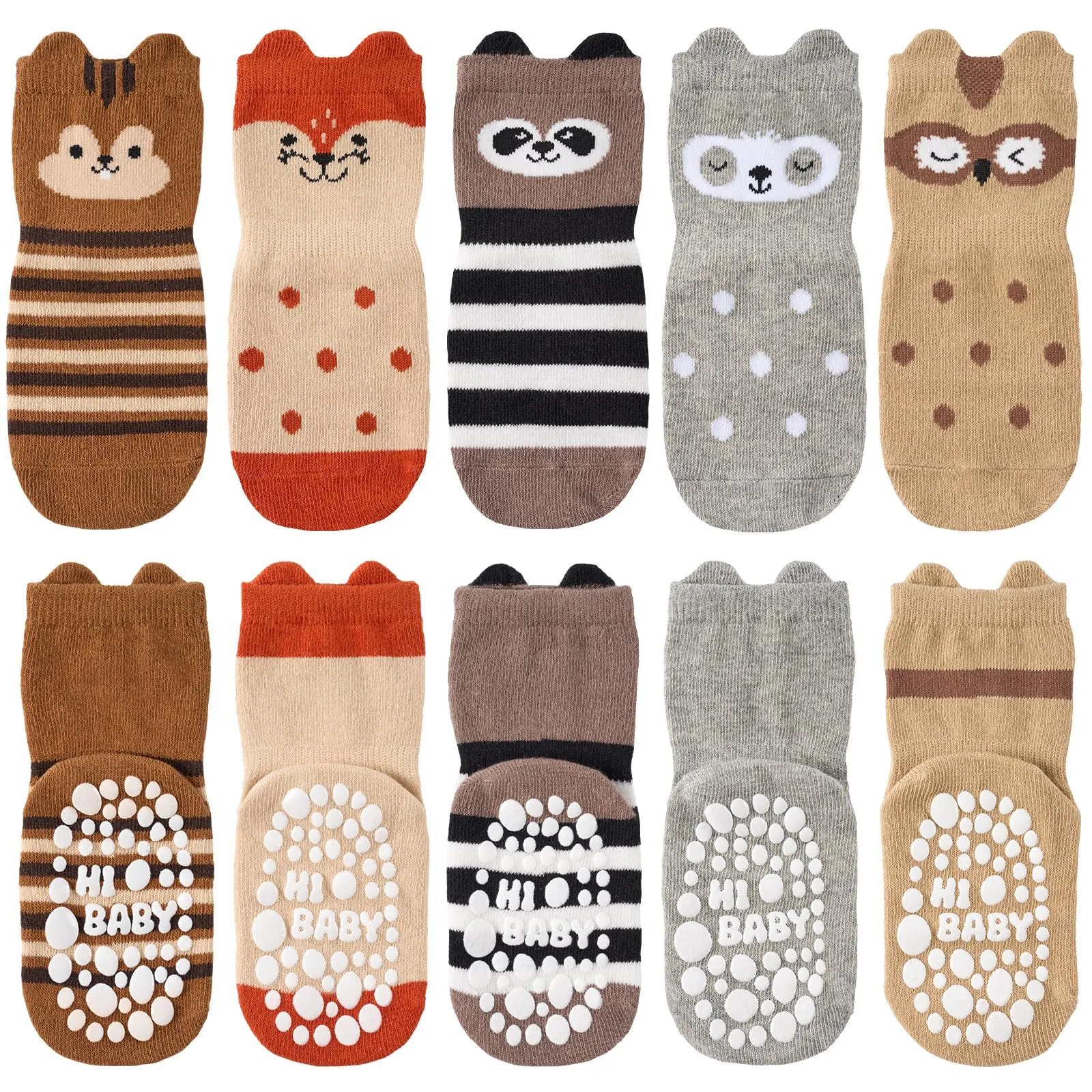 SockWaddles calzini antiscivolo bambino, 5 paia di calzini neonato in cotone traspirante con suola ABS, calze gattonanti per bambini e bambine con volpe, 1-3 anni - immagine 1