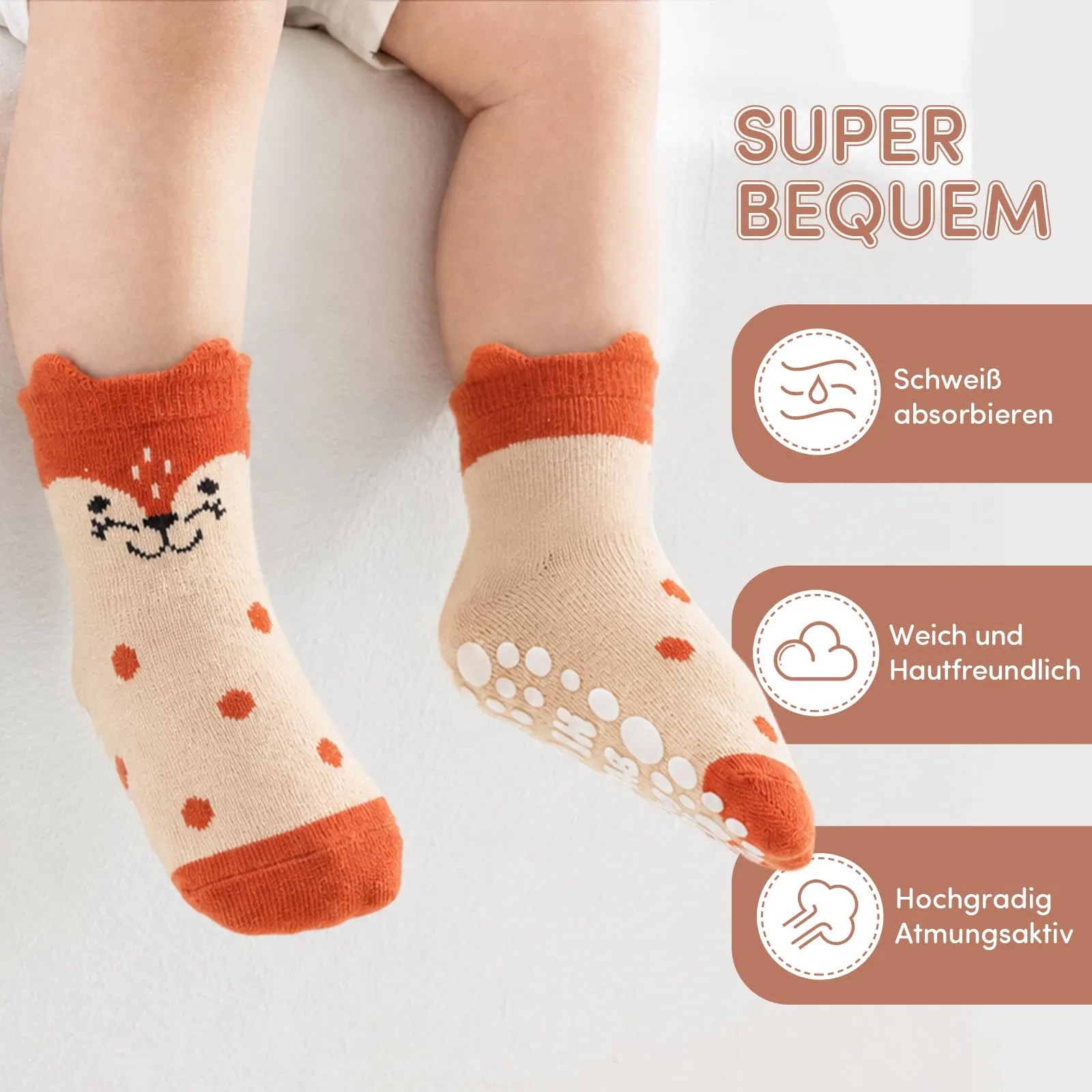 SockWaddles calzini antiscivolo bambino, 5 paia di calzini neonato in cotone traspirante con suola ABS, calze gattonanti per bambini e bambine con volpe, 1-3 anni - immagine 3