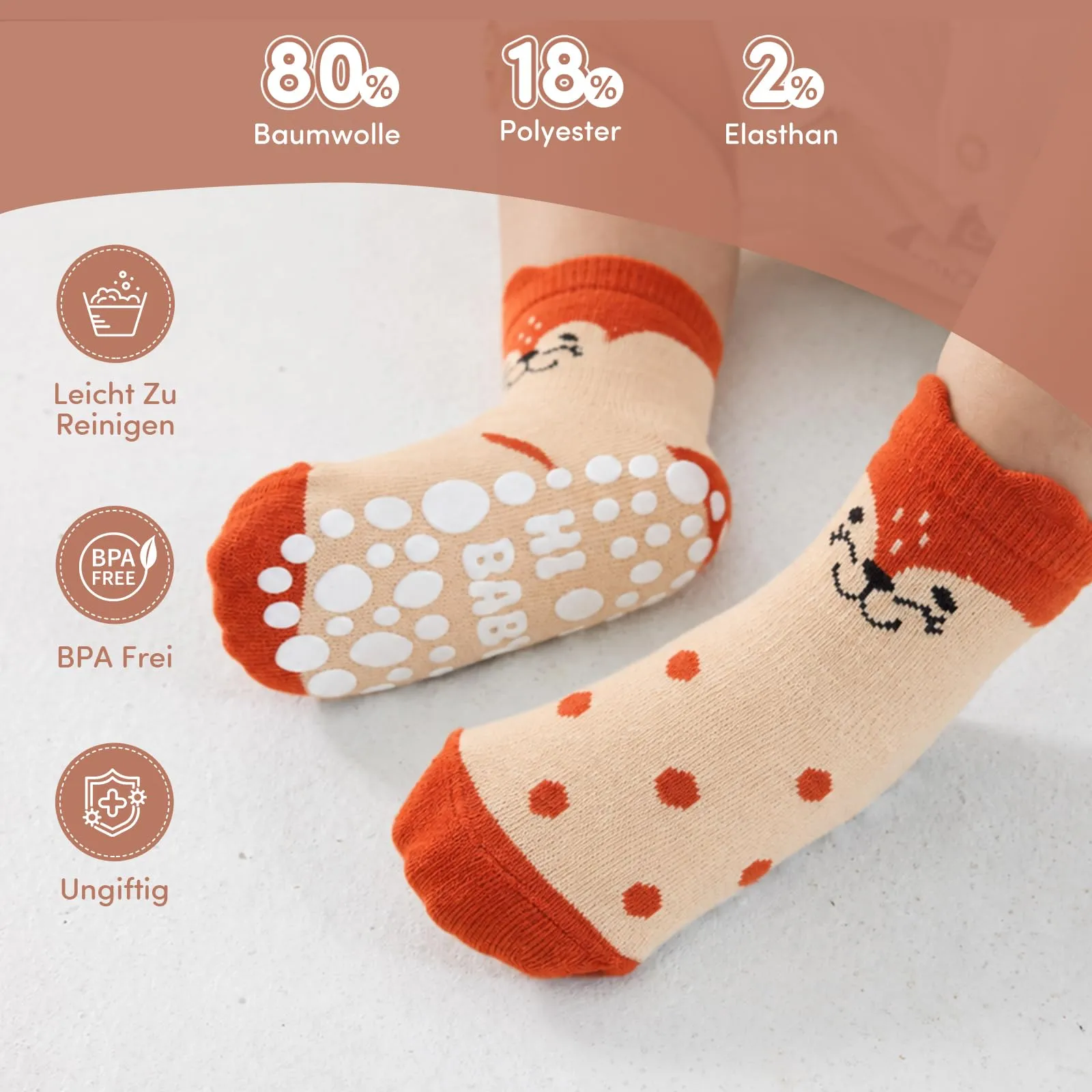 SockWaddles calzini antiscivolo bambino, 5 paia di calzini neonato in cotone traspirante con suola ABS, calze gattonanti per bambini e bambine con volpe, 1-3 anni - immagine 4