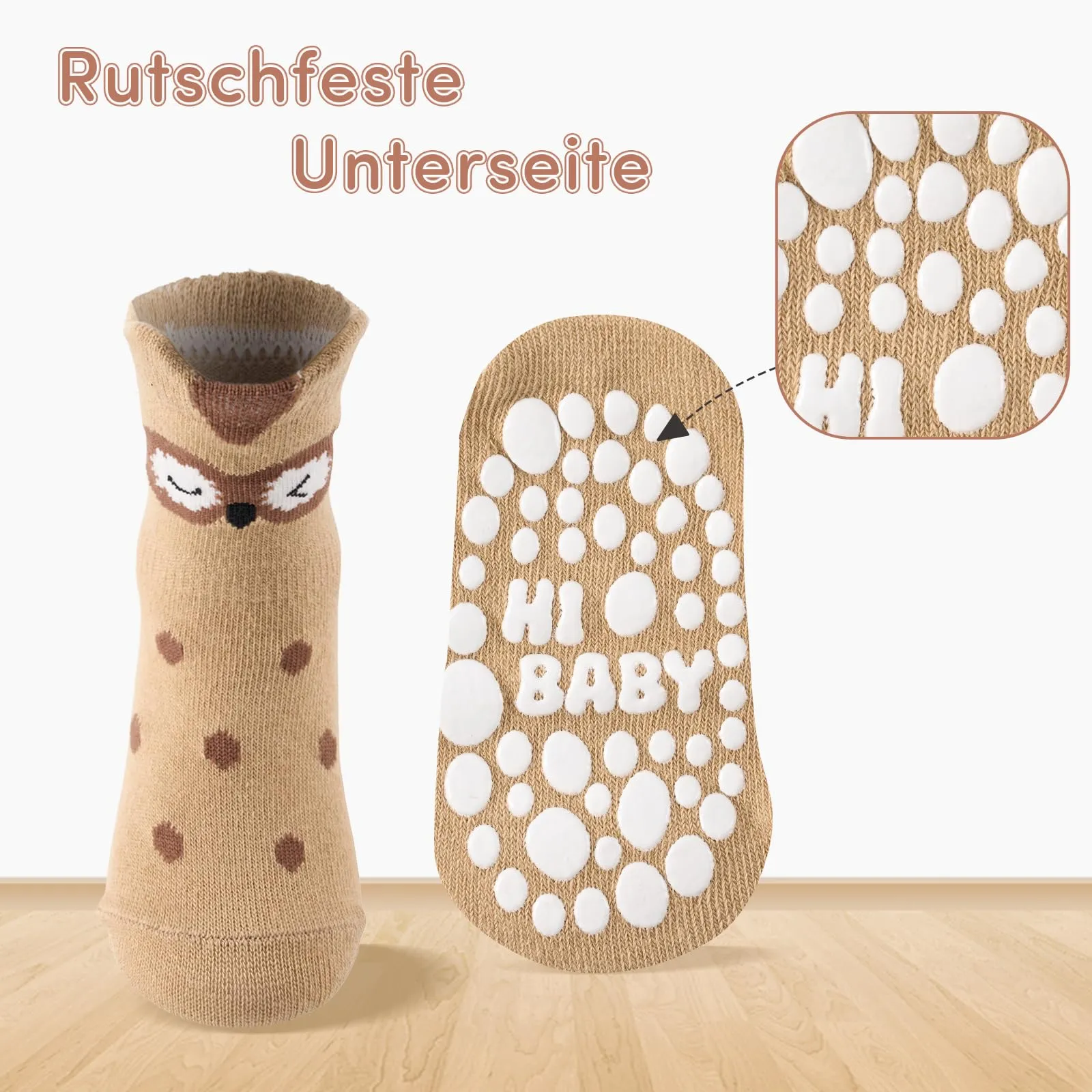SockWaddles calzini antiscivolo bambino, 5 paia di calzini neonato in cotone traspirante con suola ABS, calze gattonanti per bambini e bambine con volpe, 1-3 anni - immagine 7