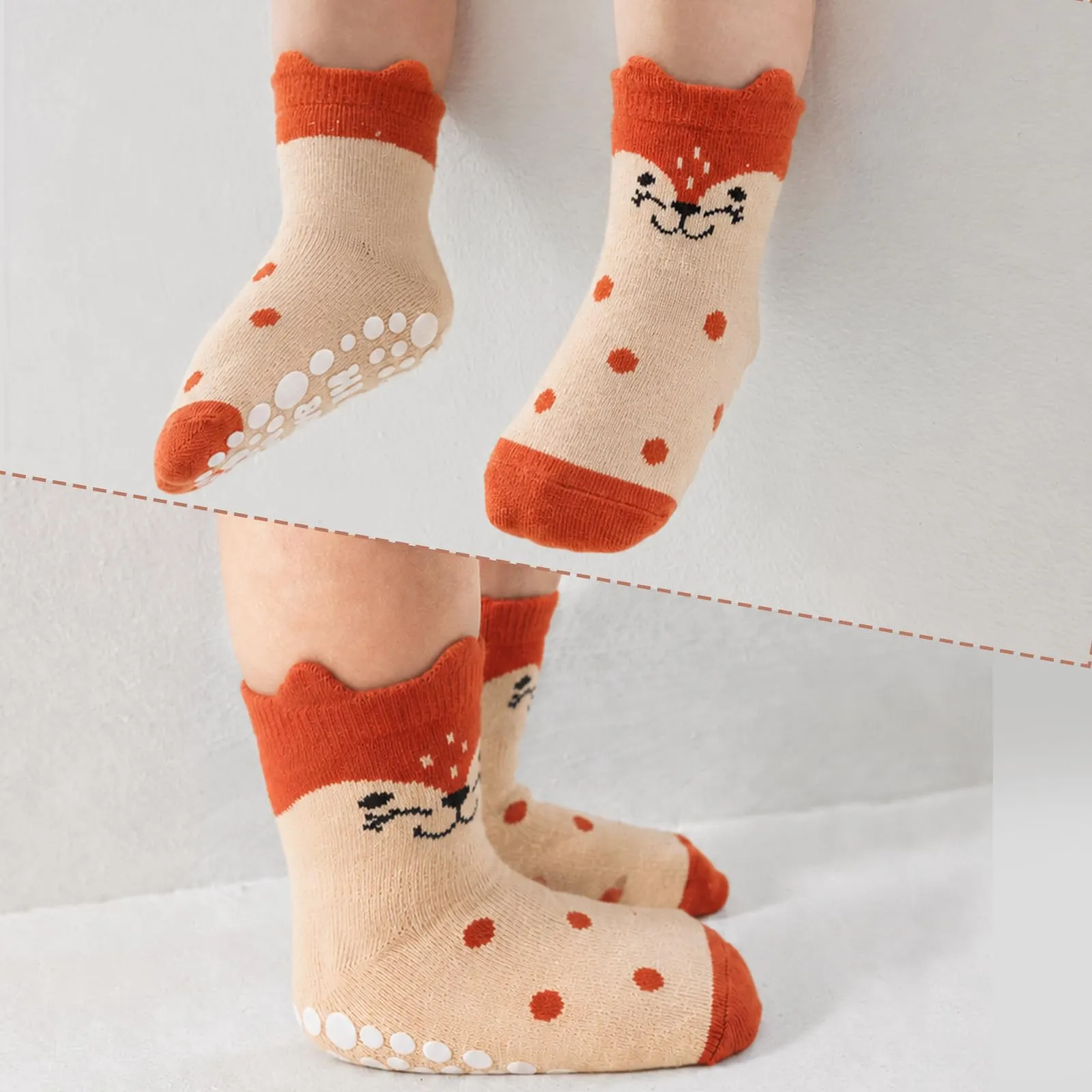 SockWaddles calzini antiscivolo bambino, 5 paia di calzini neonato in cotone traspirante con suola ABS, calze gattonanti per bambini e bambine con volpe, 1-3 anni - immagine 8