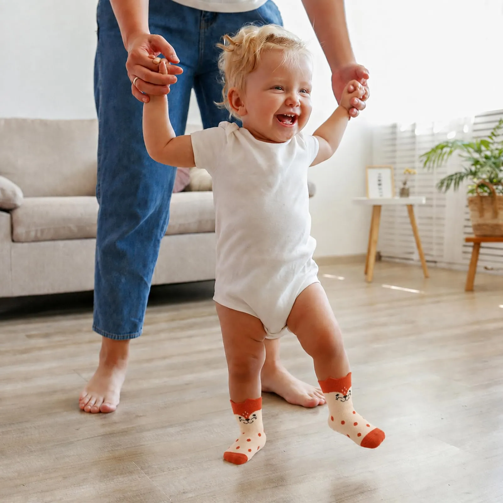 SockWaddles calzini antiscivolo bambino, 5 paia di calzini neonato in cotone traspirante con suola ABS, calze gattonanti per bambini e bambine con volpe, 0-12 mesi - immagine 2
