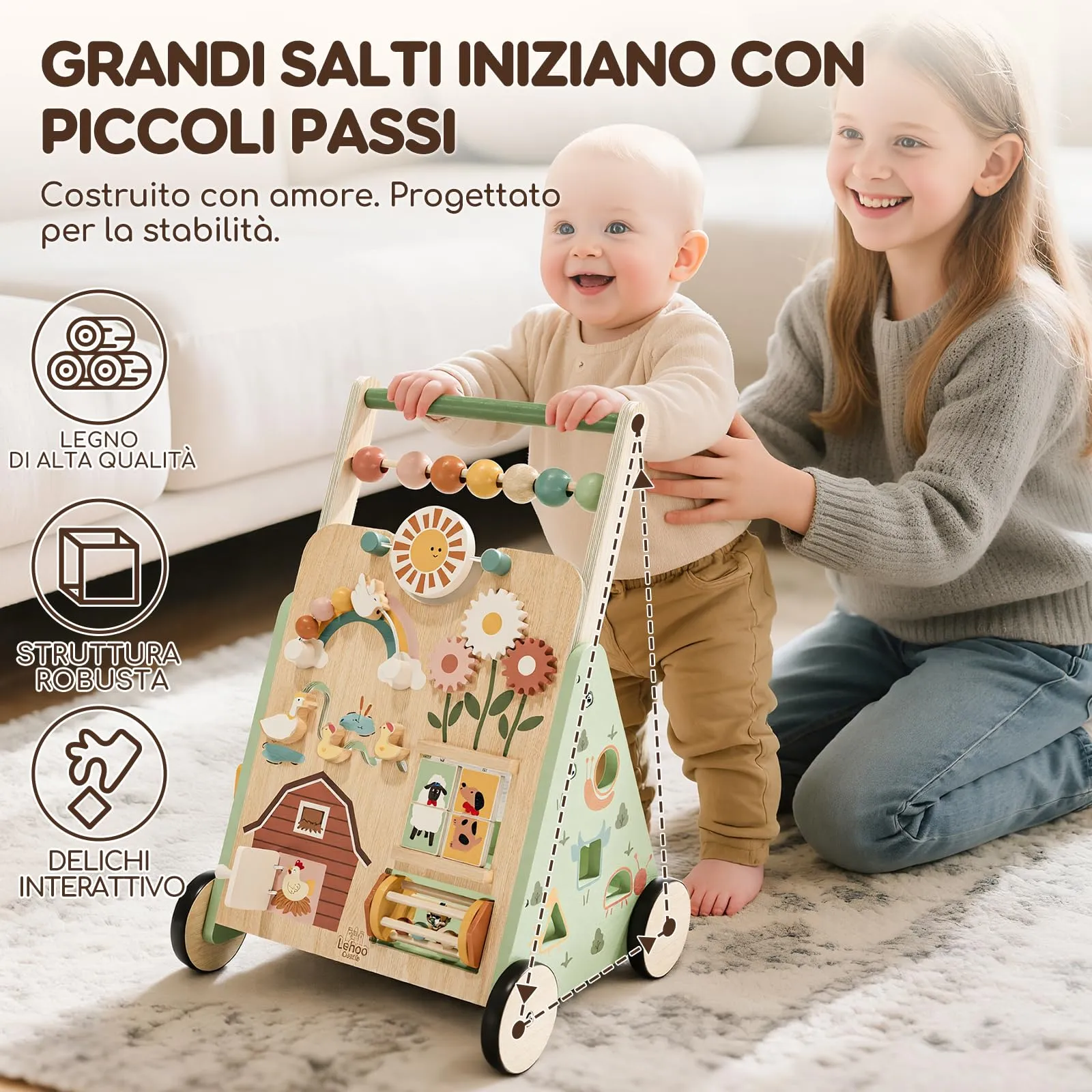 Carrello Primi Passi Legno, Girello per Bambini, Giochi Bambini 1 Anno - immagine 2