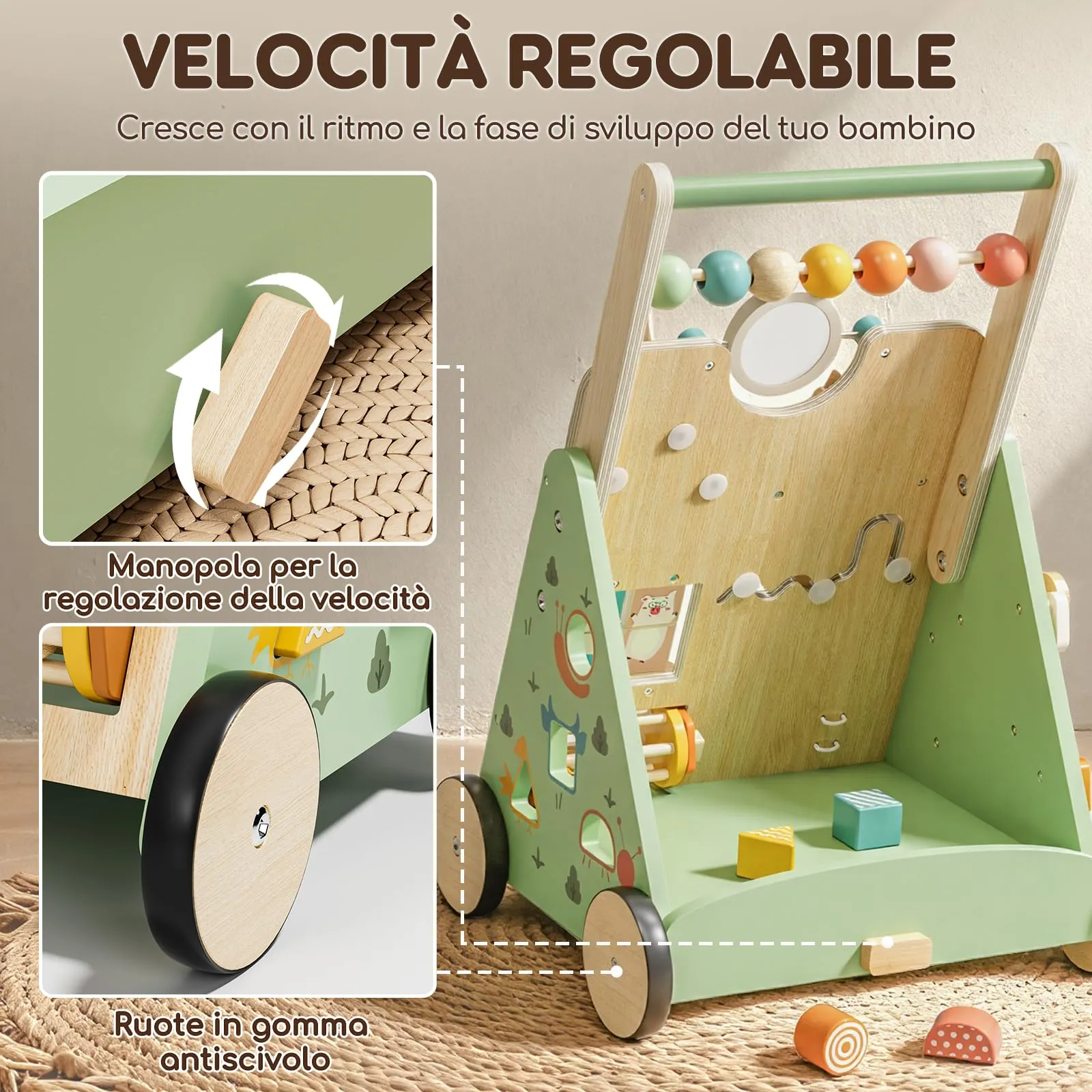 Carrello Primi Passi Legno, Girello per Bambini, Giochi Bambini 1 Anno - immagine 3