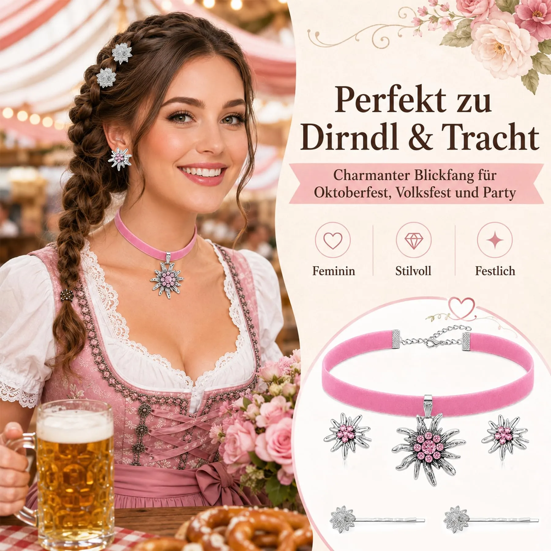 Set di 4 gioielli per costume tradizionale bavarese, collana con ciondolo a forma di cuore a forma di stella alpina e strass, fermagli per capelli e orecchini a forma di stella alpina, 5 pezzi-A - immagine 5