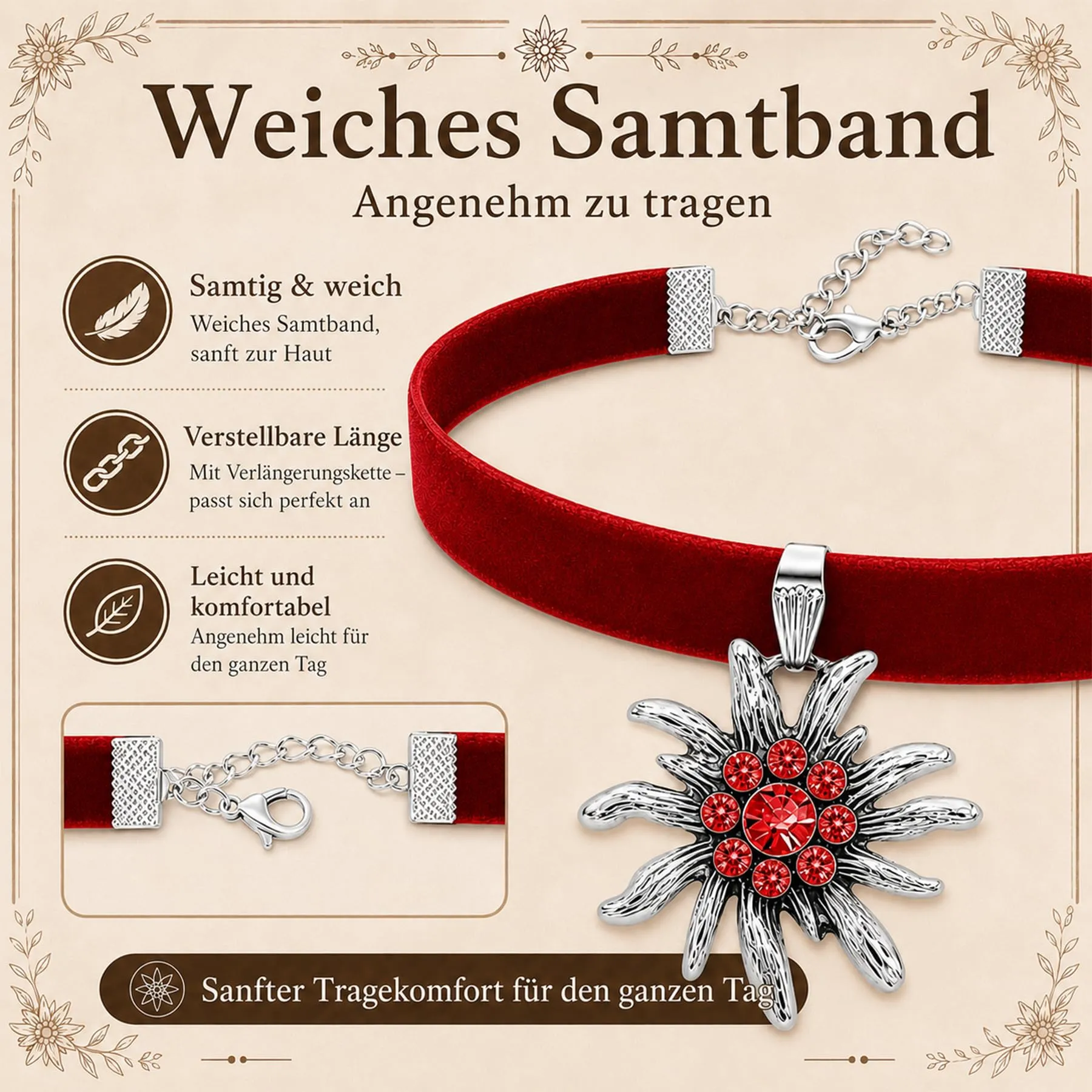 Set di 4 gioielli per costume tradizionale bavarese, collana con ciondolo a forma di cuore a forma di stella alpina e strass, fermagli per capelli e orecchini a forma di stella alpina, 5 pezzi-A - immagine 7