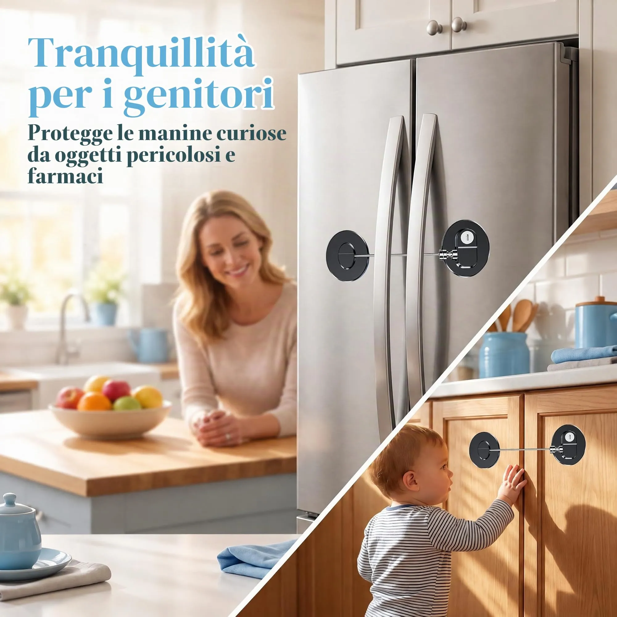 2 Pezzi Blocca Bambini con 4 Chiavi per Frigorifero e Cassetti, Blocca Chiusura Cassetti con Potente Adesivo, Sicurezza Chiudi Cassetti Bambini per Frigorifero Armadietto, Cassetto - immagine 2
