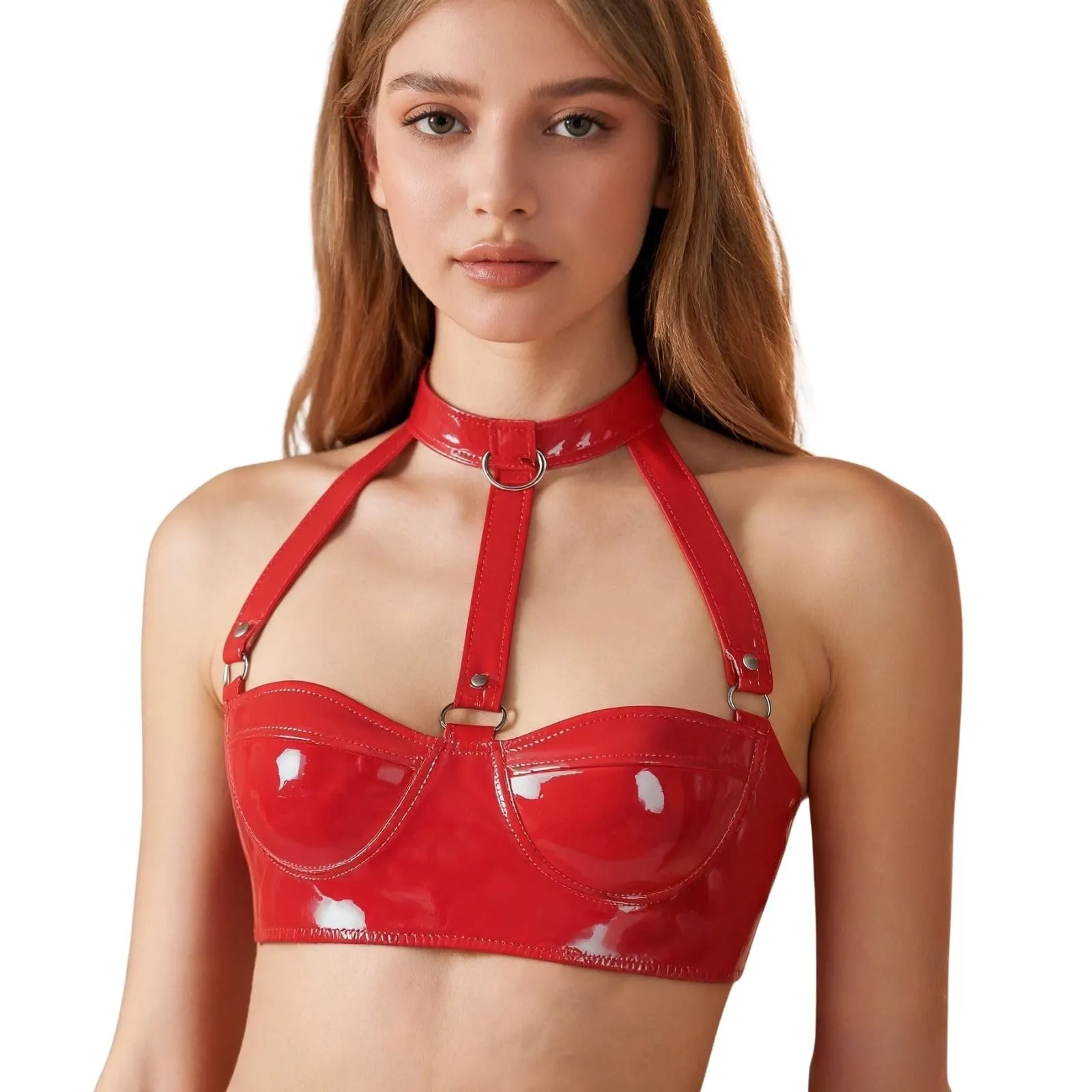 Reggiseno Donna Sexy Pelle Bralette Wetlook Halter Top Corto,Rosso,L - immagine 1