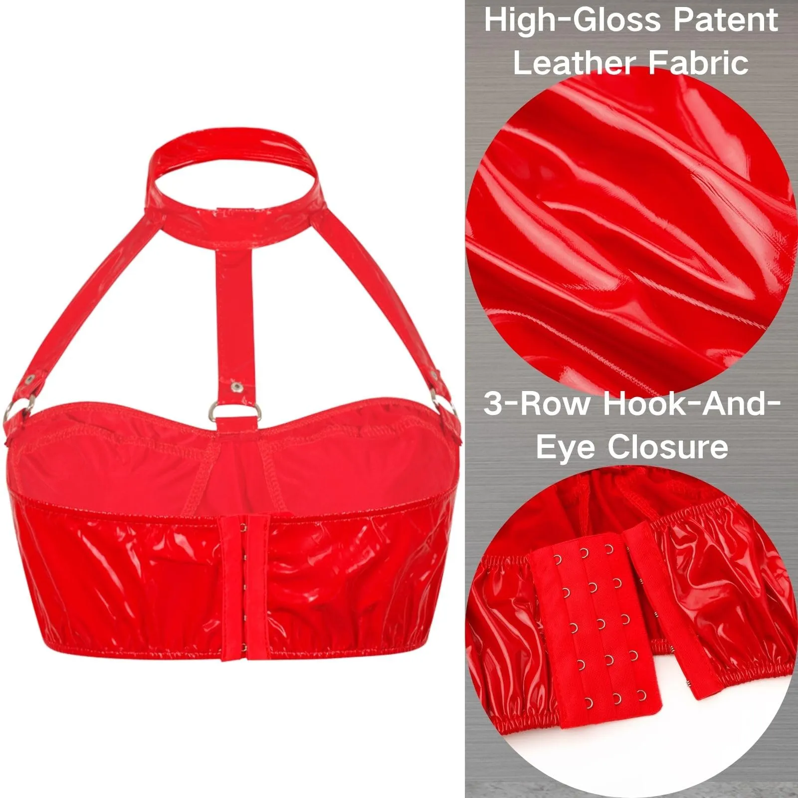 Reggiseno Donna Sexy Pelle Bralette Wetlook Halter Top Corto,Rosso,L - immagine 3
