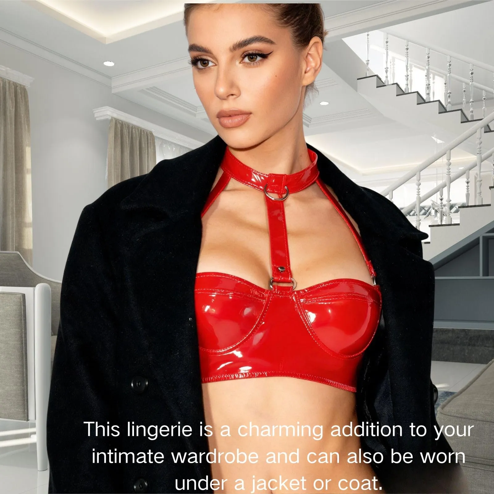 Reggiseno Donna Sexy Pelle Bralette Wetlook Halter Top Corto,Rosso,L - immagine 5