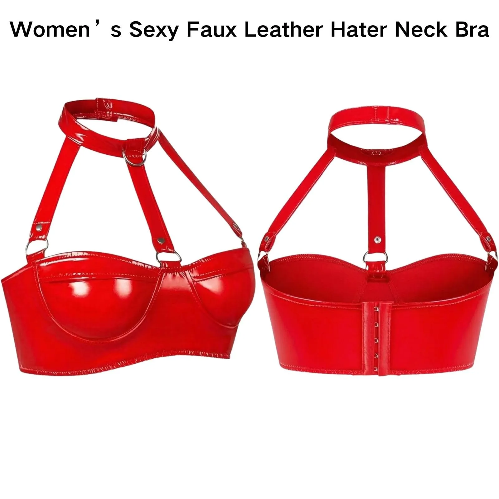 Reggiseno Donna Sexy Pelle Bralette Wetlook Halter Top Corto,Rosso,L - immagine 6