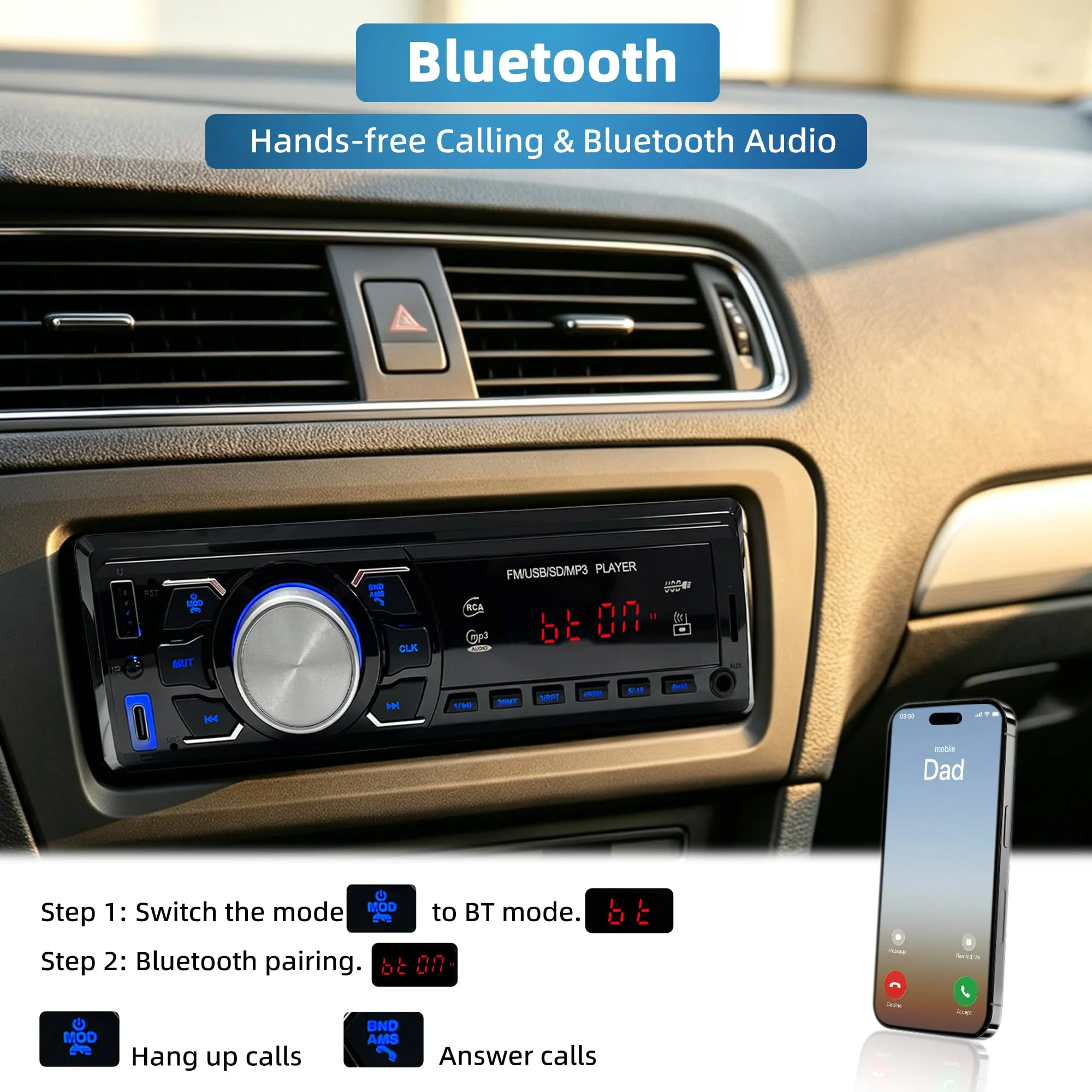 Autoradio Bluetooth 1 DIN, Stereo Auto Bluetooth Vivavoce/Radio FM/USB/AUX - immagine 2