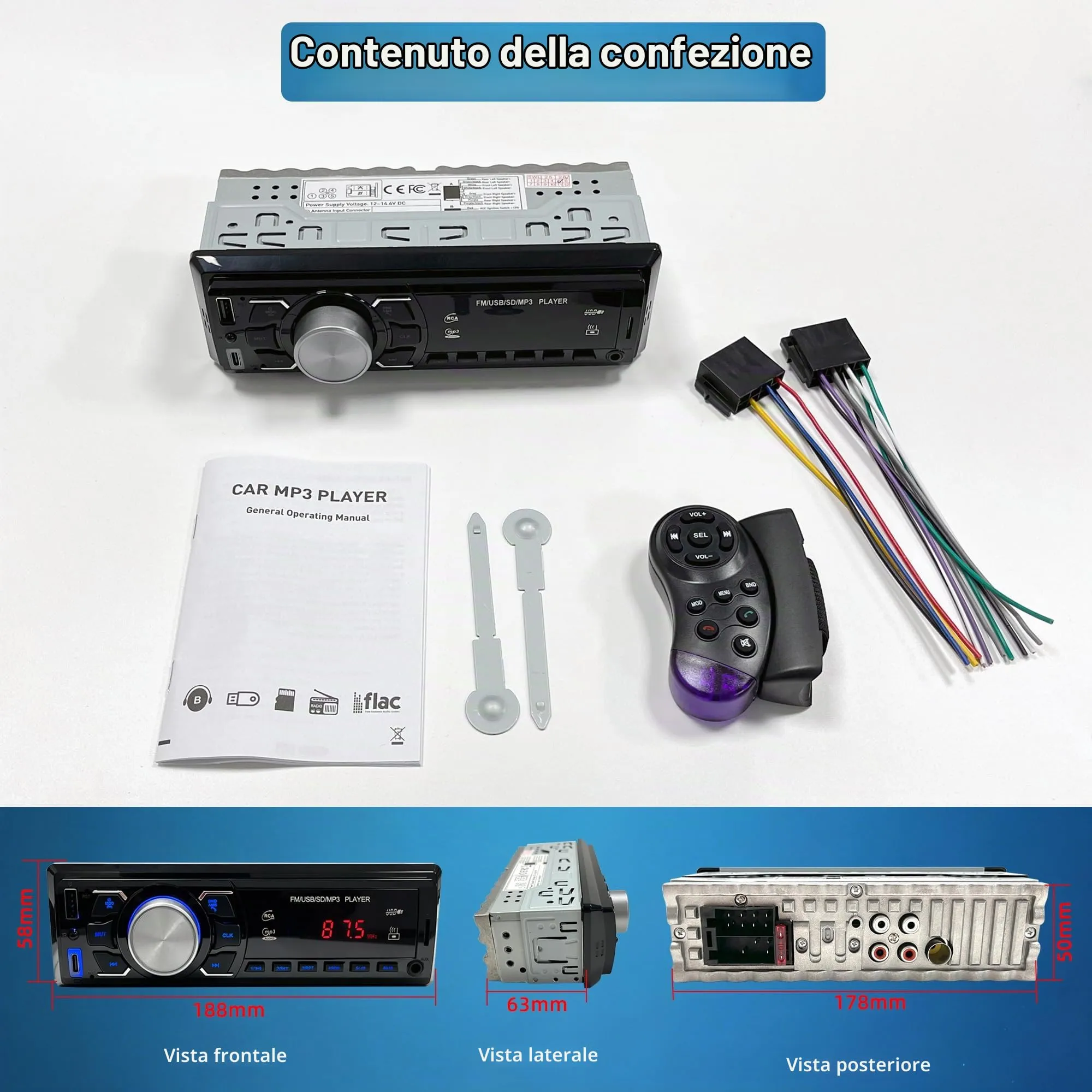 Autoradio Bluetooth 1 DIN, Stereo Auto Bluetooth Vivavoce/Radio FM/USB/AUX - immagine 7