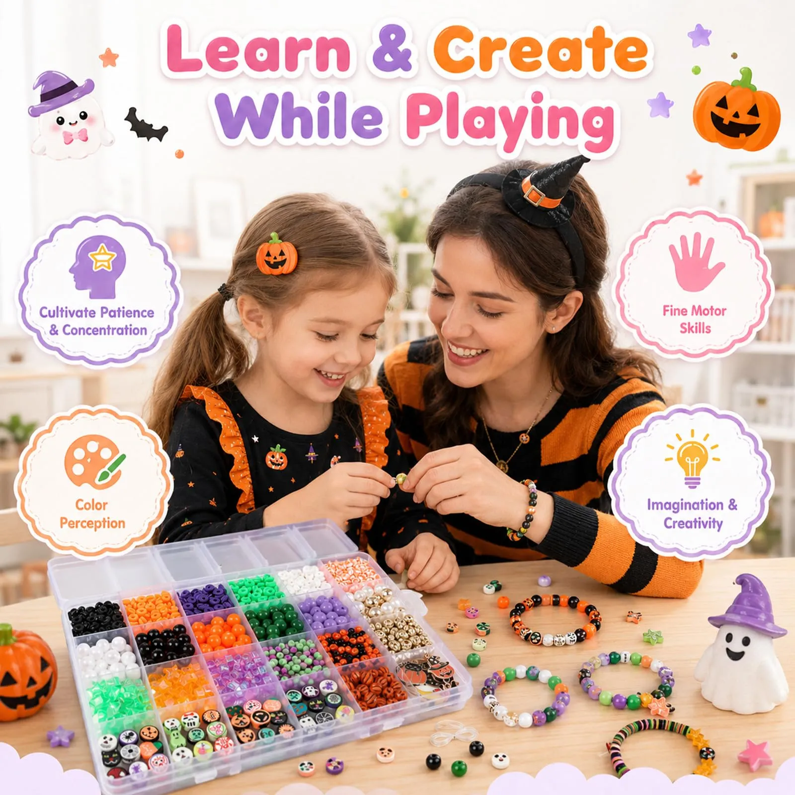 Kitimi Perline di Halloween per bracciali per bambini ragazze fai da te braccialetti fai da te set di perline con Halloween, bracciali, collane, orecchini, regali per bambini, ragazze, adolescenti - immagine 2