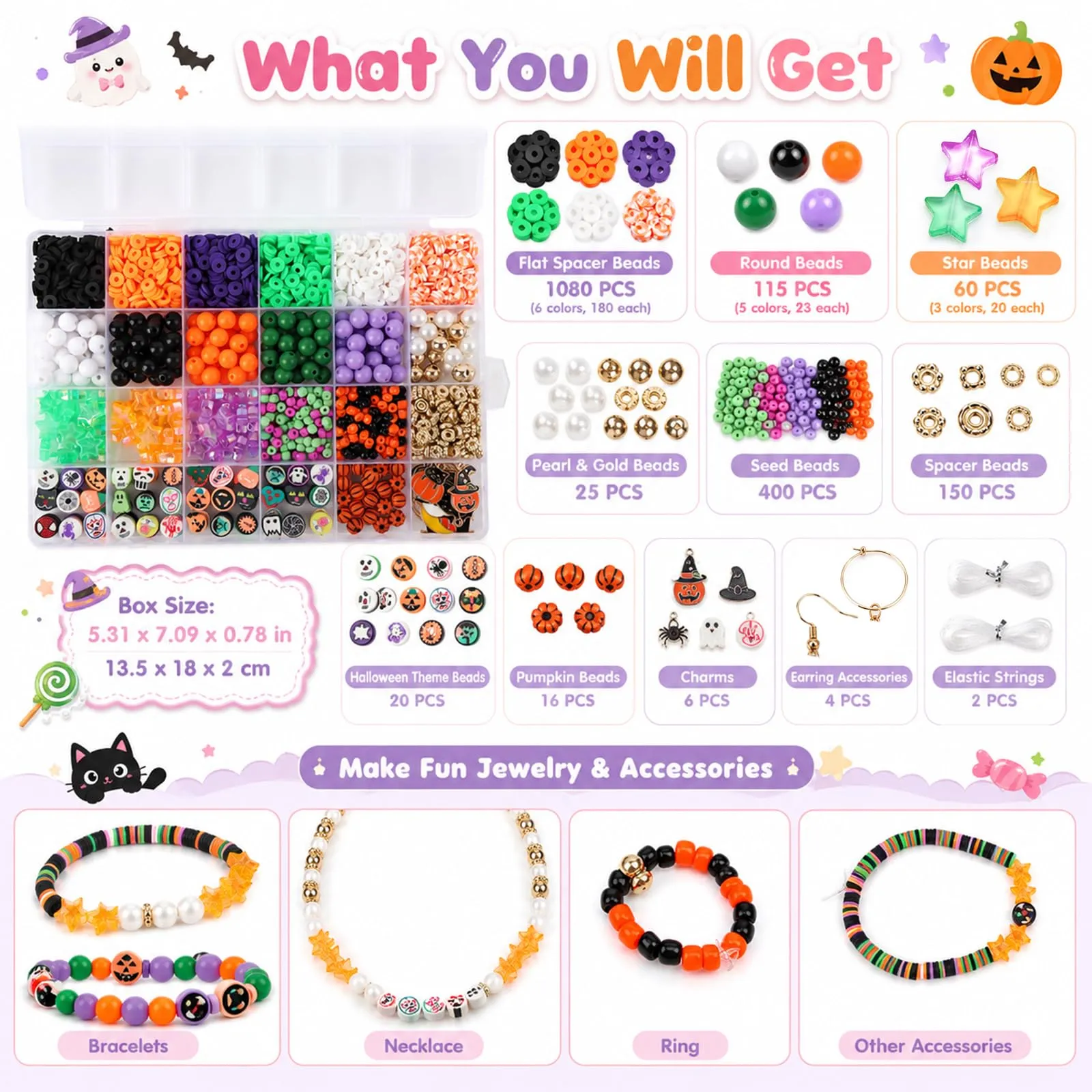 Kitimi Perline di Halloween per bracciali per bambini ragazze fai da te braccialetti fai da te set di perline con Halloween, bracciali, collane, orecchini, regali per bambini, ragazze, adolescenti - immagine 3