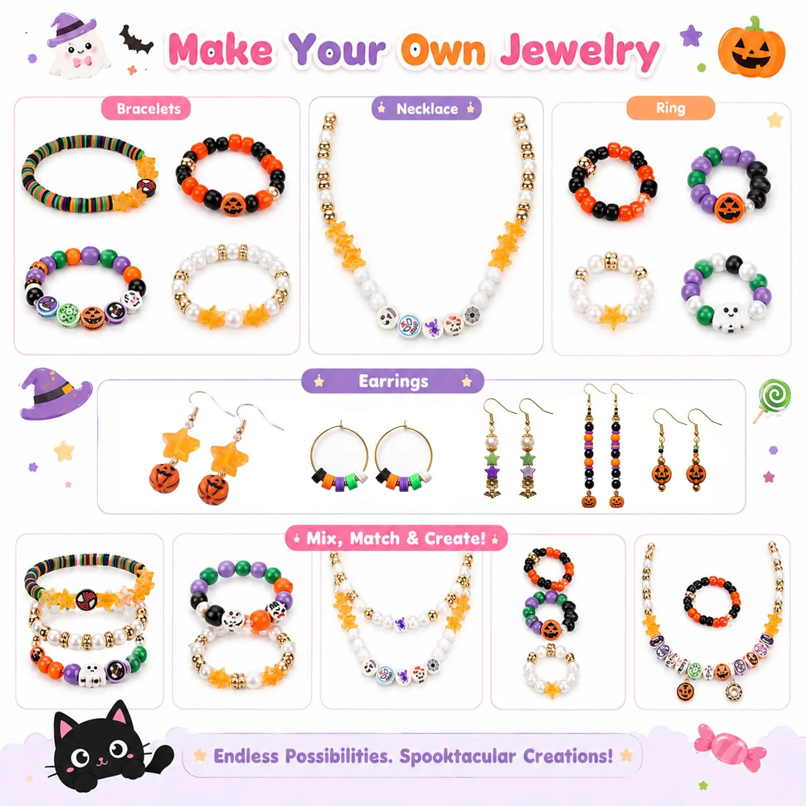 Kitimi Perline di Halloween per bracciali per bambini ragazze fai da te braccialetti fai da te set di perline con Halloween, bracciali, collane, orecchini, regali per bambini, ragazze, adolescenti - immagine 4