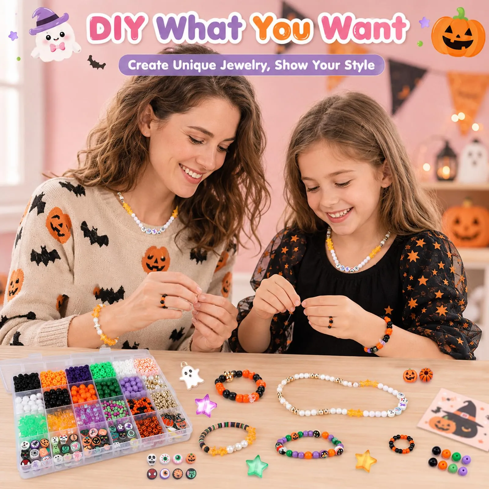 Kitimi Perline di Halloween per bracciali per bambini ragazze fai da te braccialetti fai da te set di perline con Halloween, bracciali, collane, orecchini, regali per bambini, ragazze, adolescenti - immagine 6