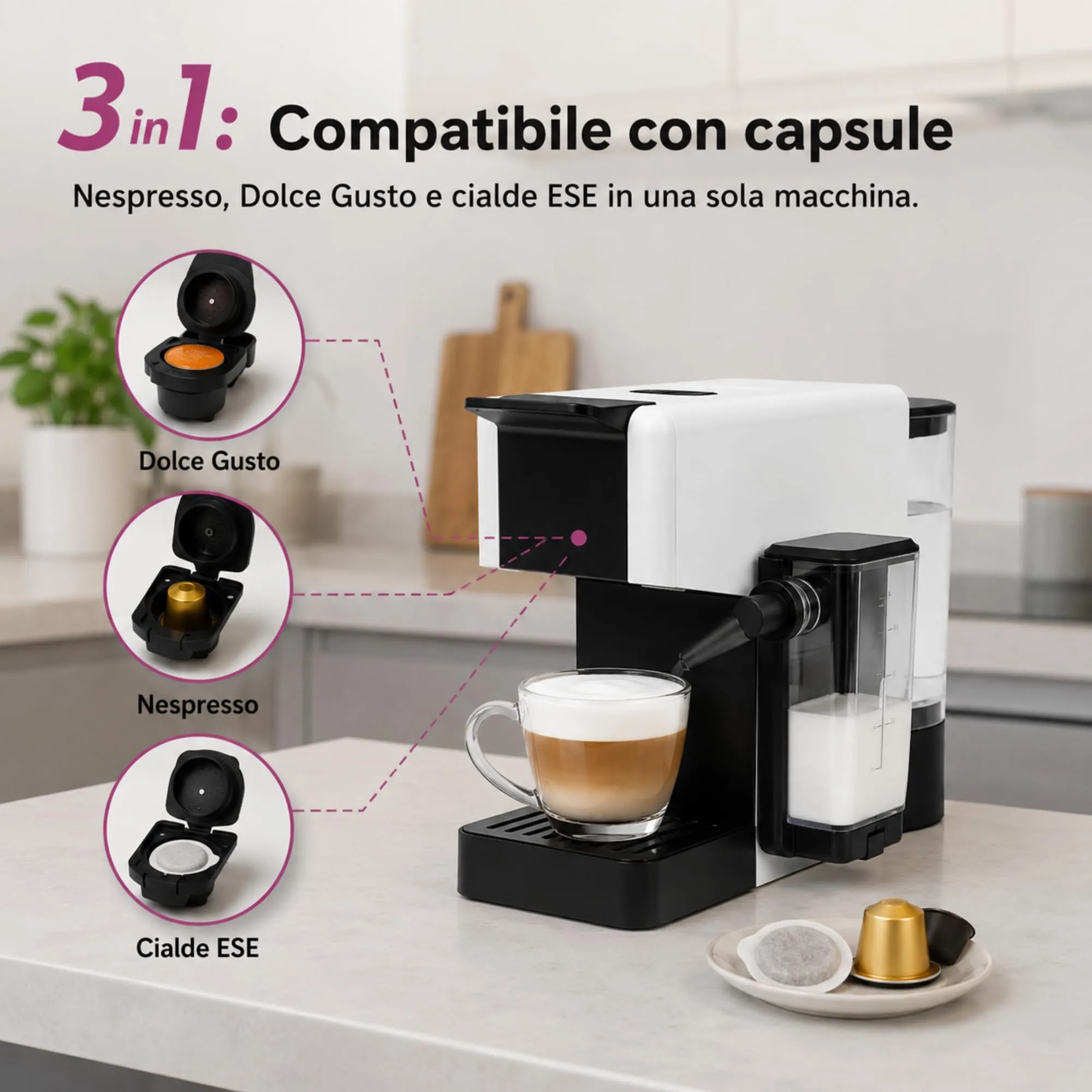 Macchina Caffè + Montalatte, USALA CON: Capsule Compatibili Con DolceGusto, - immagine 2