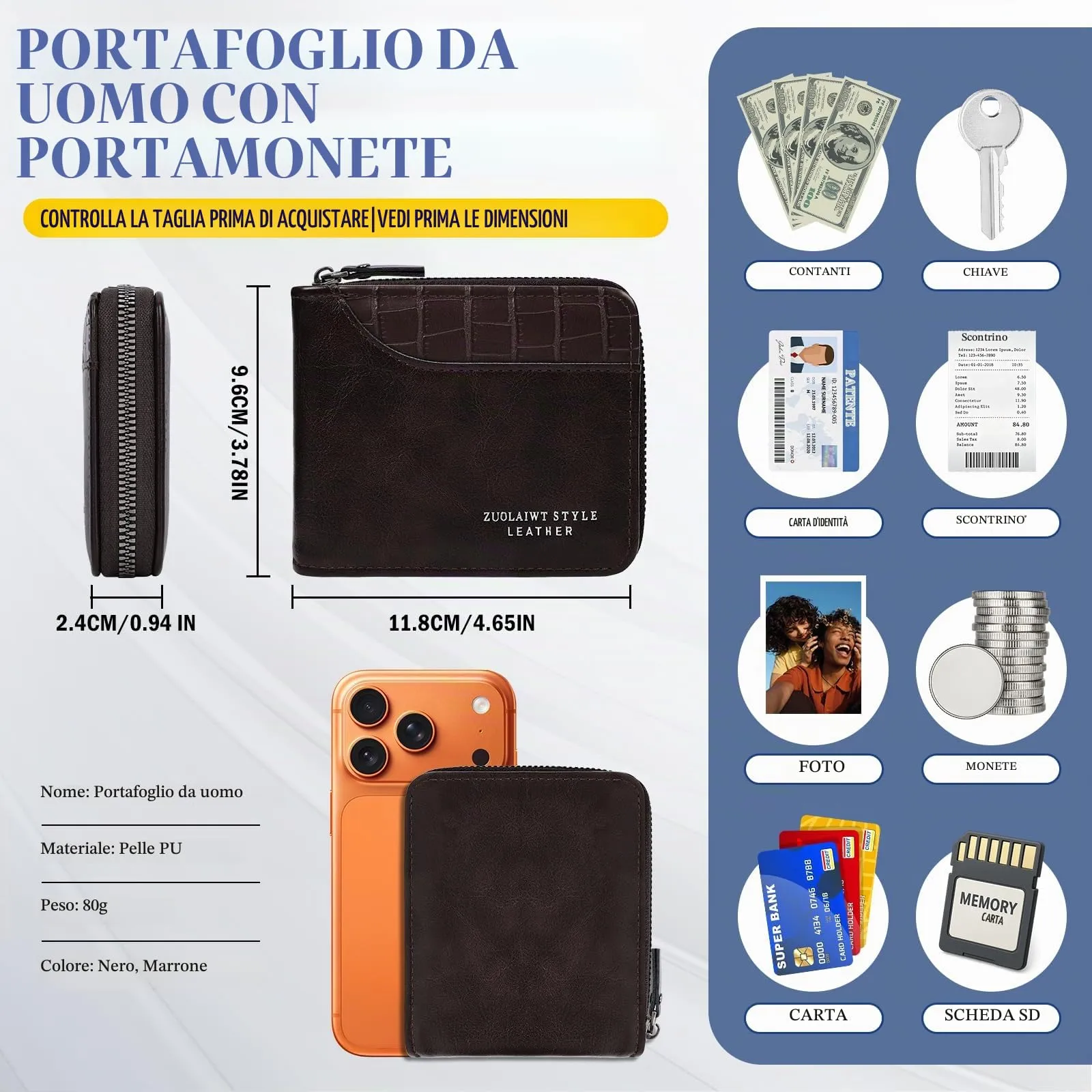 Desing Wish Portafoglio Uomo con Portamonete Pelle Portacarte Piccolo Slim Portafoglio Leather Wallet Men Porta Carte di Credito con Cerniera per Uomo Donna Compleanno Natale Festa del Papà Regali - immagine 2