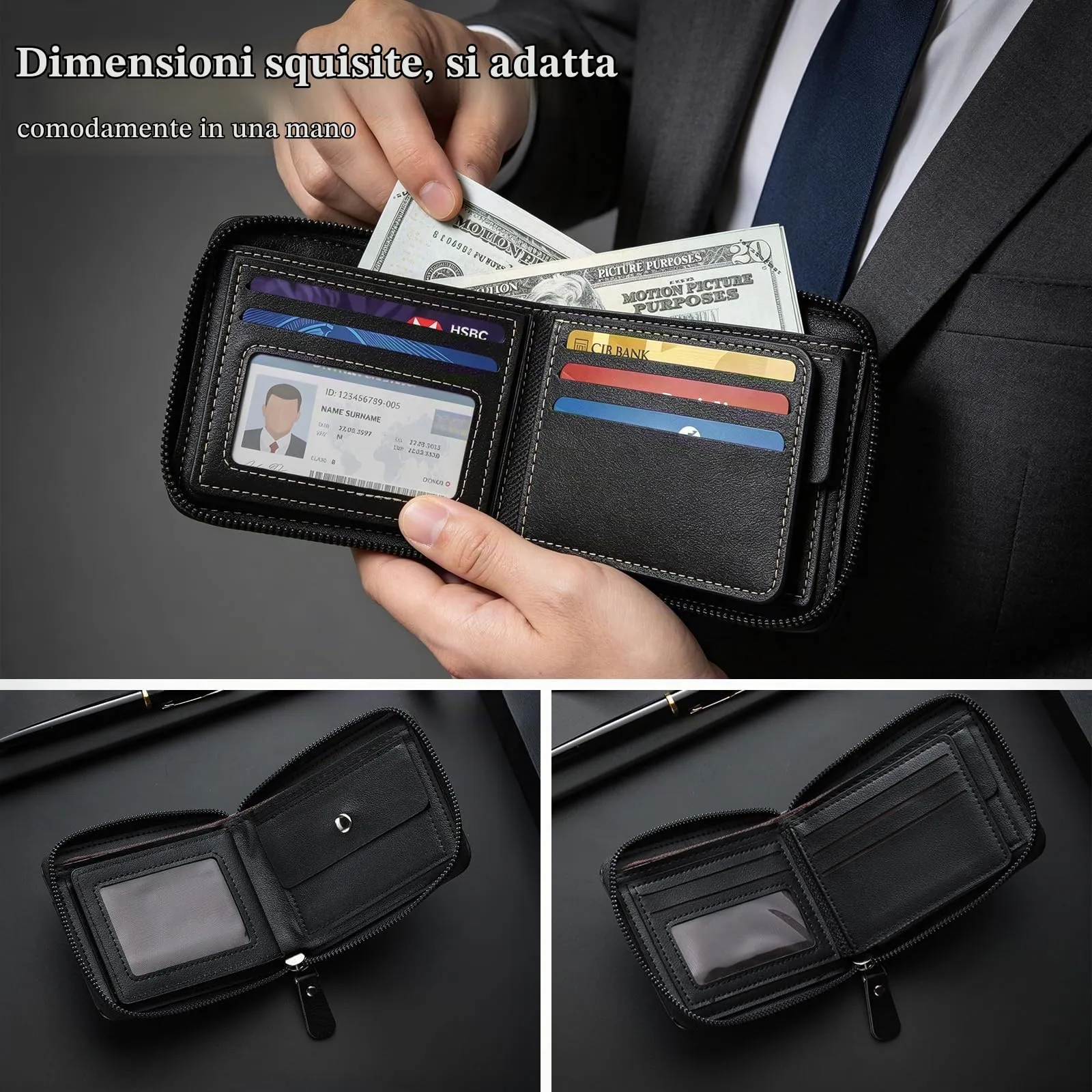 Desing Wish Portafoglio Uomo con Portamonete Pelle Portacarte Piccolo Slim Portafoglio Leather Wallet Men Porta Carte di Credito con Cerniera per Uomo Donna Compleanno Natale Festa del Papà Regali - immagine 3