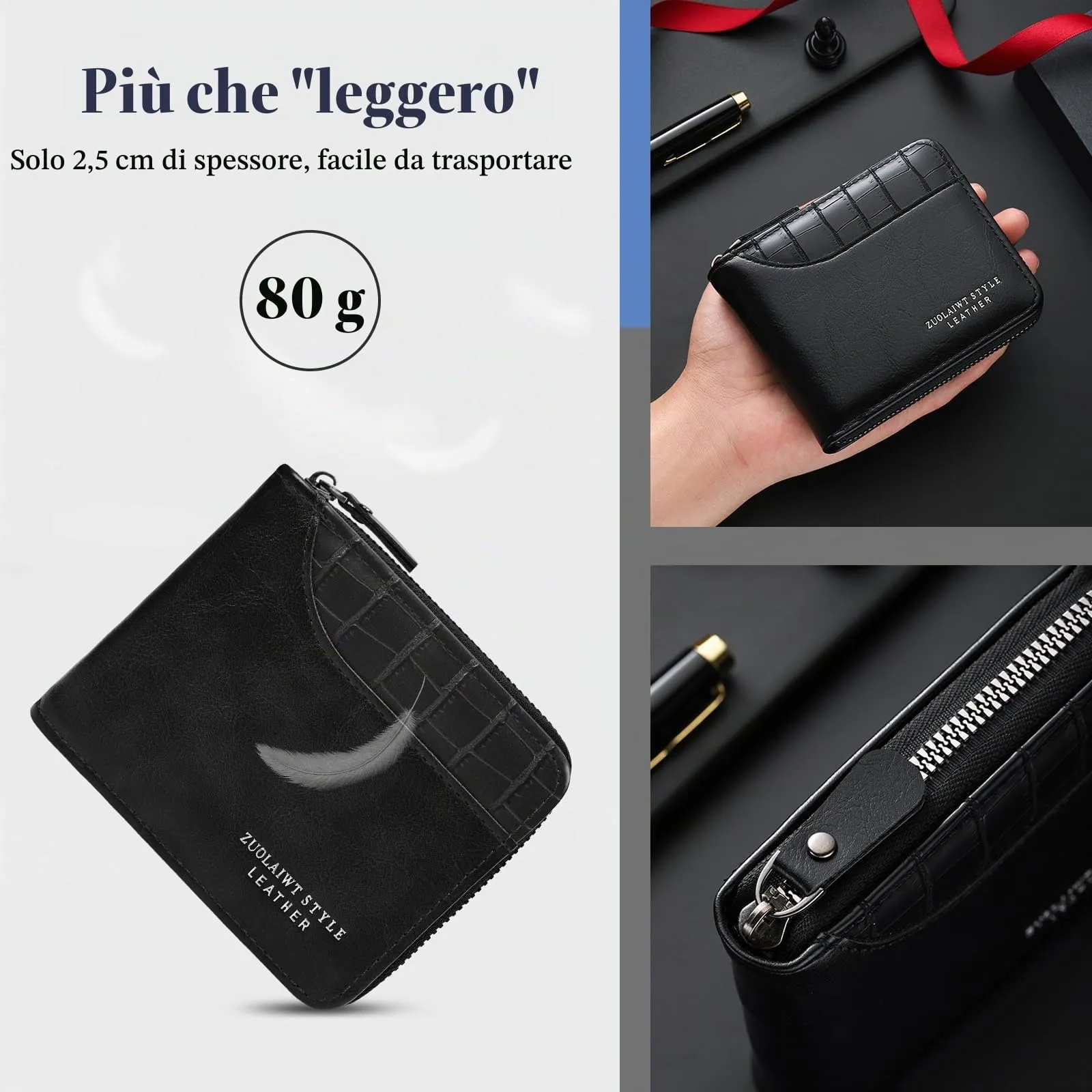 Desing Wish Portafoglio Uomo con Portamonete Pelle Portacarte Piccolo Slim Portafoglio Leather Wallet Men Porta Carte di Credito con Cerniera per Uomo Donna Compleanno Natale Festa del Papà Regali - immagine 6