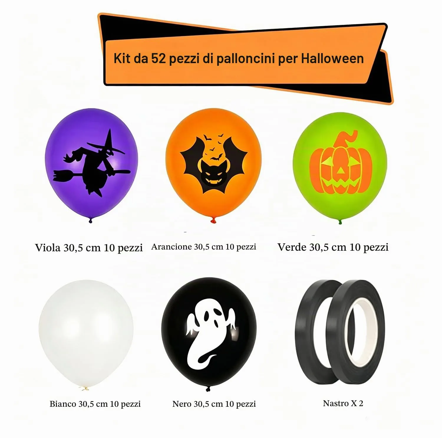 50 Pezzi palloncini decorativi di Halloween, 12‘’(30cm), 5 modelli diversi, per decorazioni di feste di Halloween in famiglia - immagine 2