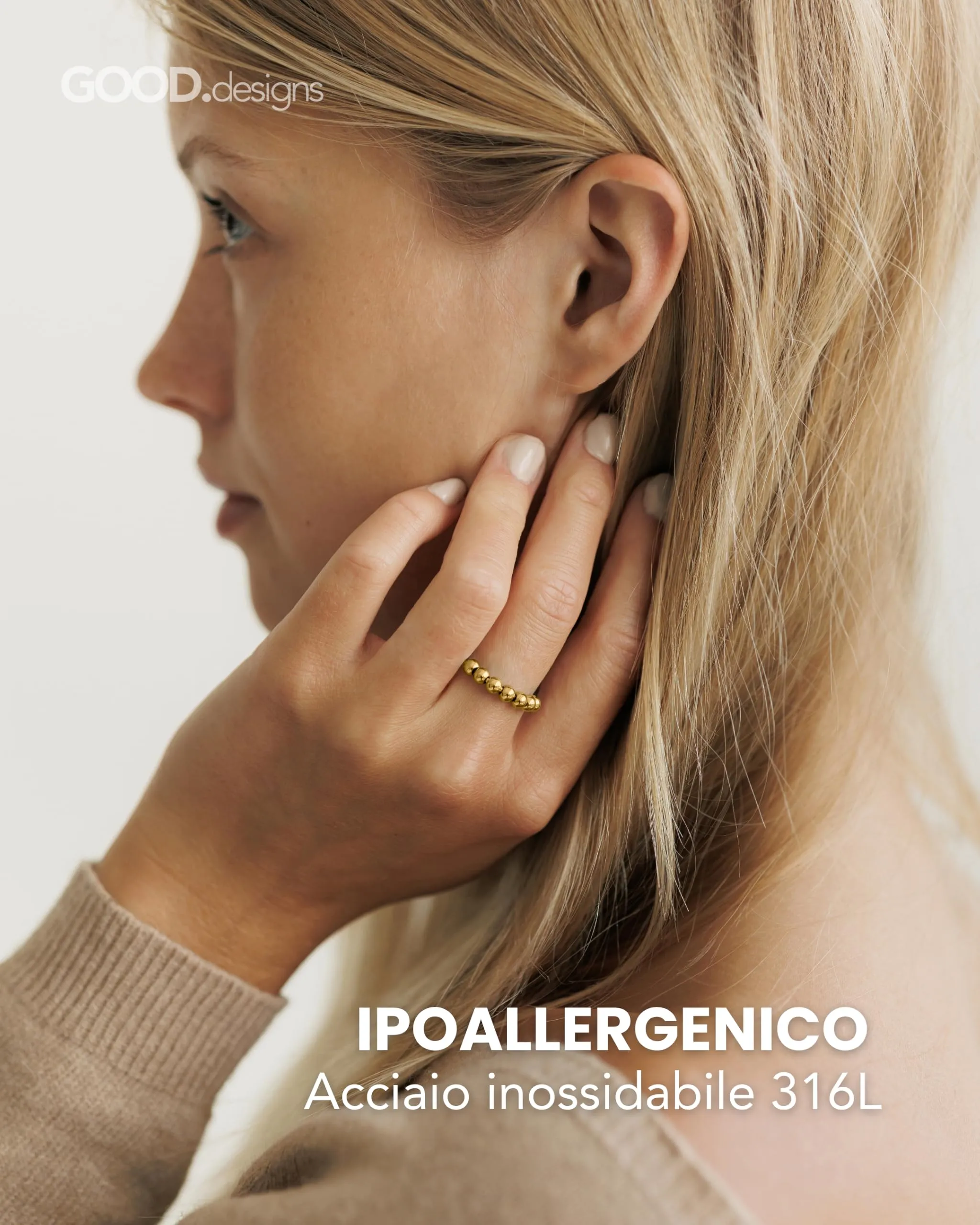 GD GOOD.designs Anello Antistress dorato con perline mobili - Anelli antistress impermeabili in oro 18K | Misura regolabile (52-60) - immagine 2