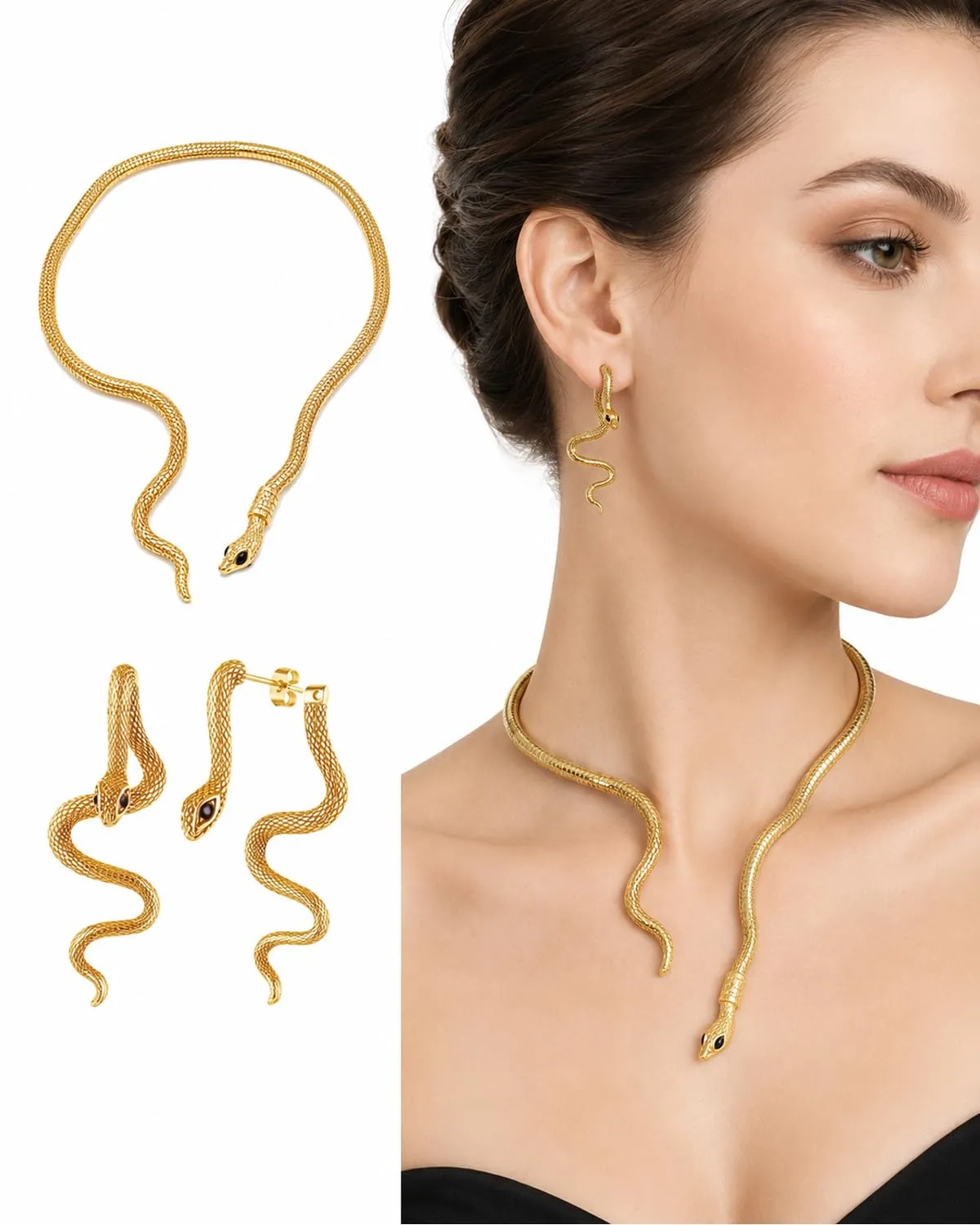 JIRVEX Set Gioielli Cleopatra Donna, Accessori Cleopatra con Collana Dorata e Orecchini, Collana Cleopatra Choker per Halloween e Carnevale, Gioielli Serpente, Accessori Gotici Cleopatra - immagine 1