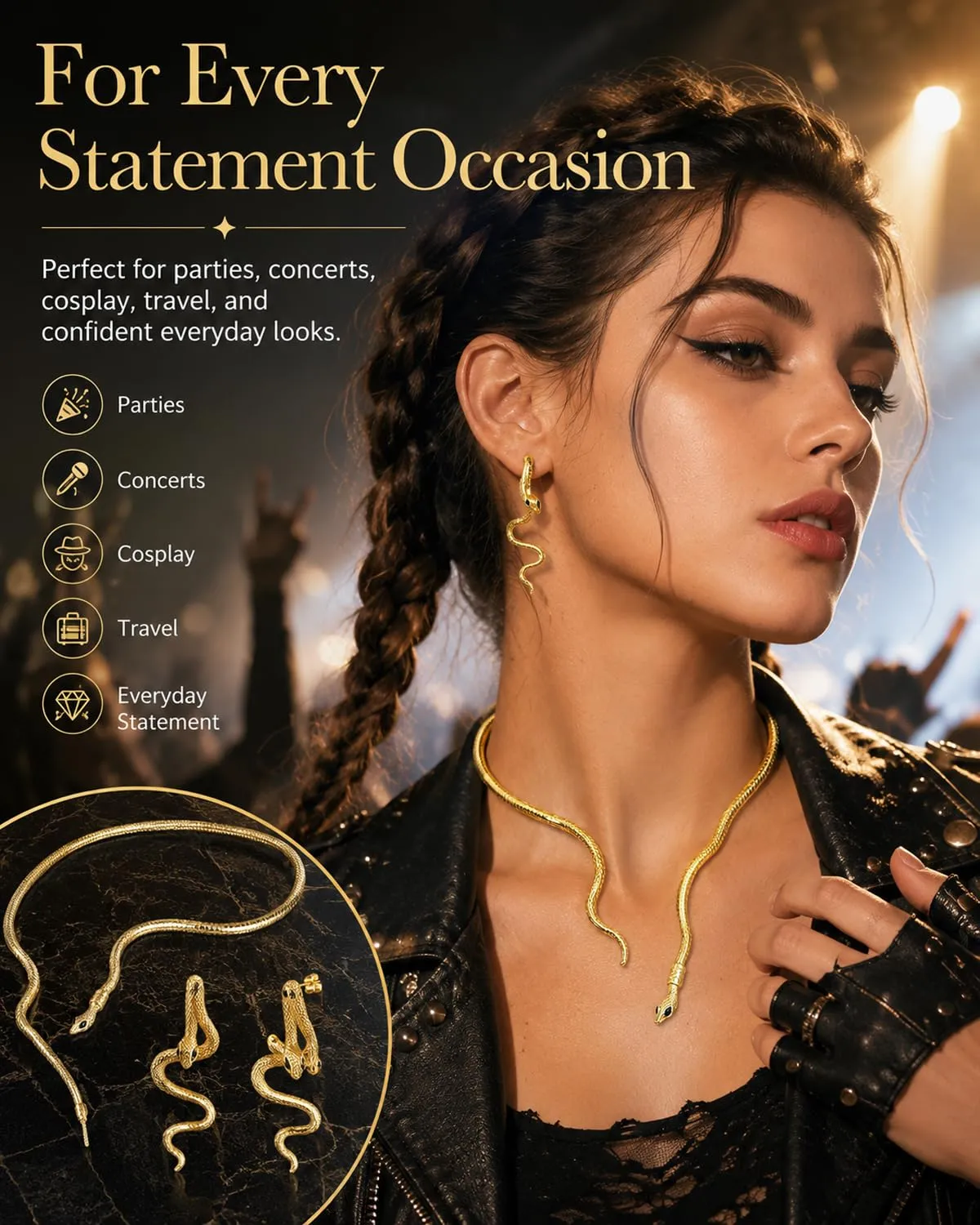 JIRVEX Set Gioielli Cleopatra Donna, Accessori Cleopatra con Collana Dorata e Orecchini, Collana Cleopatra Choker per Halloween e Carnevale, Gioielli Serpente, Accessori Gotici Cleopatra - immagine 2