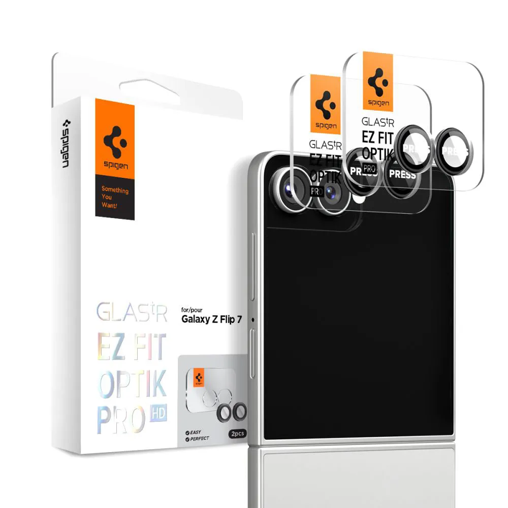 Pellicola protettiva per fotocamera posteriore Spigen GlastR EZ FIT Optik Pro HD per Samsung Galaxy Z Flip8 F776, vetro temperato, set da 2 pezzi, nero - immagine 1