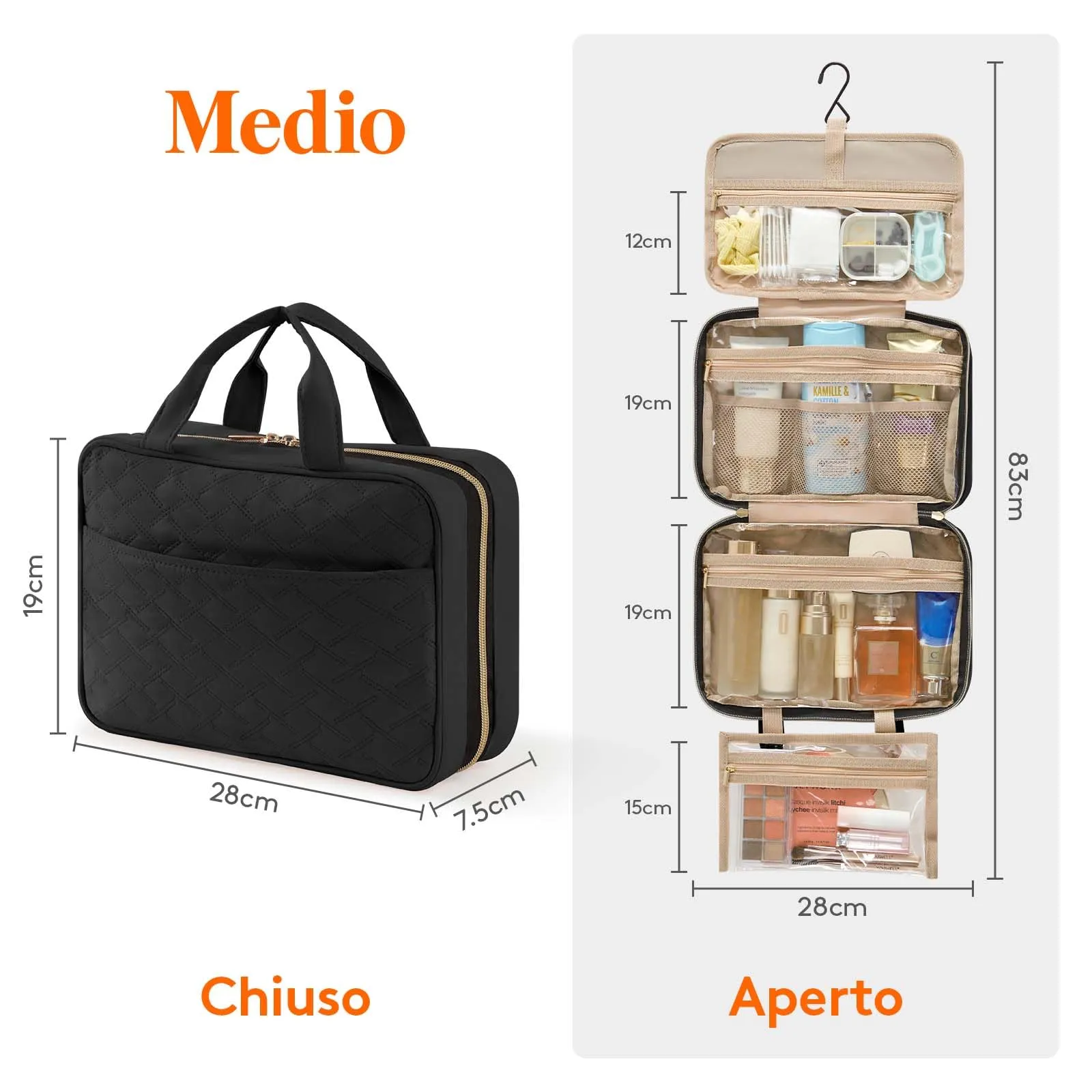 Lifewit Beauty Case da Viaggio Donna, Grande Trousse Trucchi da Appendere, Beautycase da Viaggio con 4 Trasparente Scomparti, Regalo Donna e Uomo, Medio, Nero - immagine 2