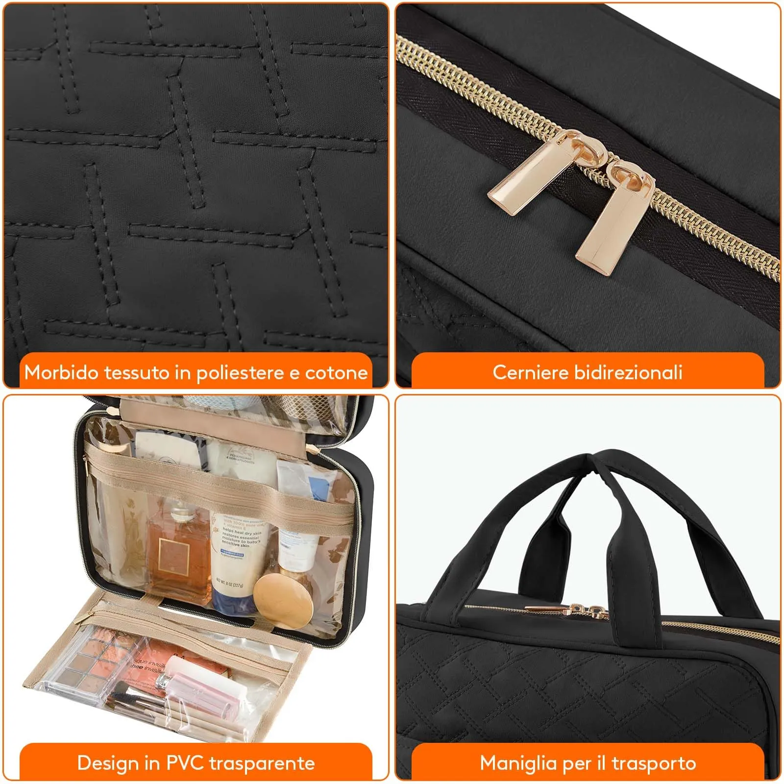 Lifewit Beauty Case da Viaggio Donna, Grande Trousse Trucchi da Appendere, Beautycase da Viaggio con 4 Trasparente Scomparti, Regalo Donna e Uomo, Medio, Nero - immagine 4