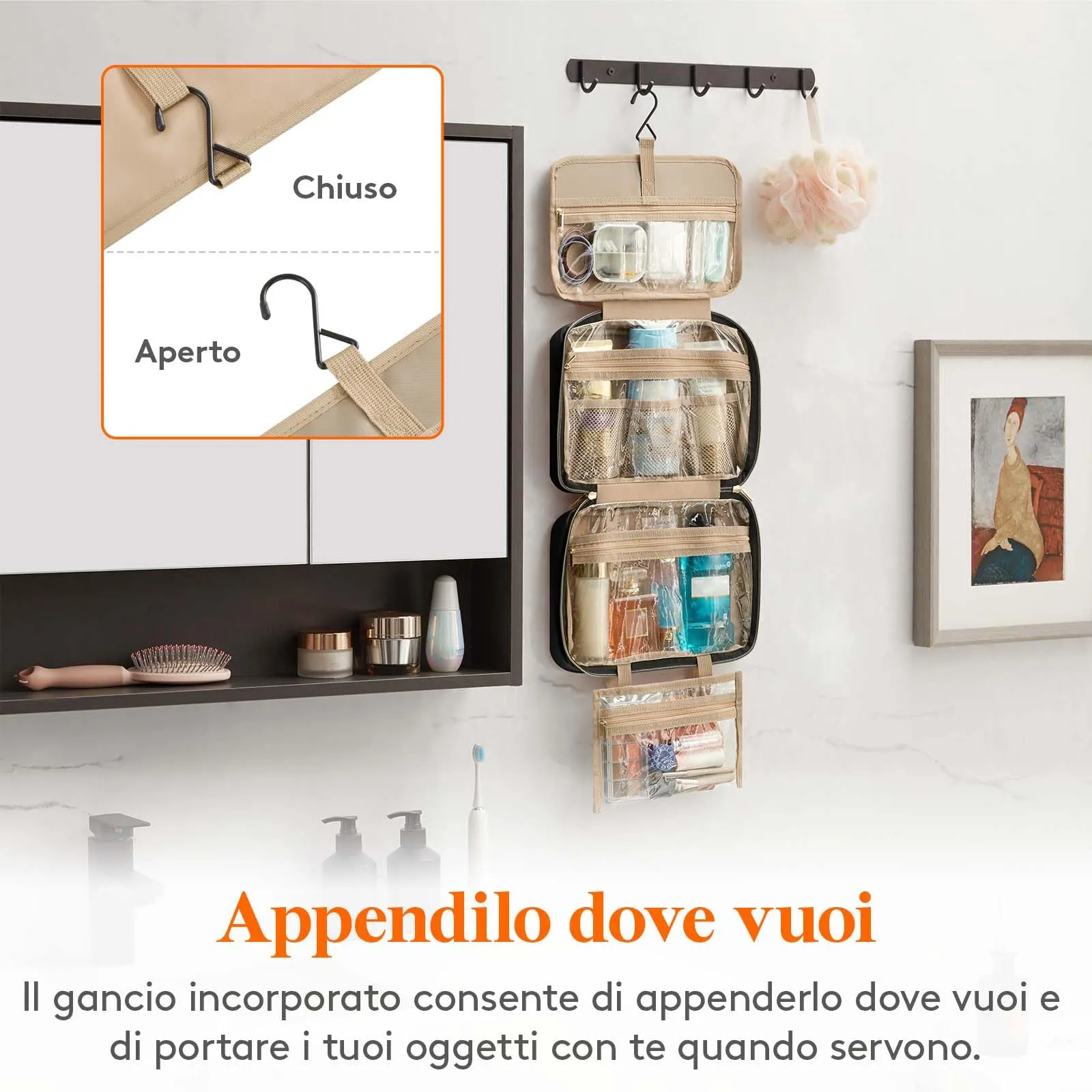Lifewit Beauty Case da Viaggio Donna, Grande Trousse Trucchi da Appendere, Beautycase da Viaggio con 4 Trasparente Scomparti, Regalo Donna e Uomo, Medio, Nero - immagine 6