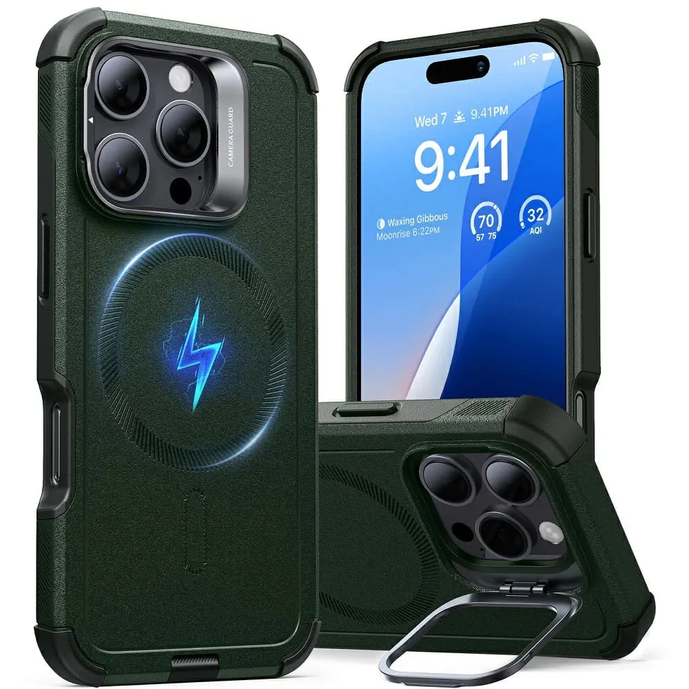Custodia MagSafe per Apple iPhone 16 Pro, ESR, Cyber Armor Kickstand, Verde - immagine 1