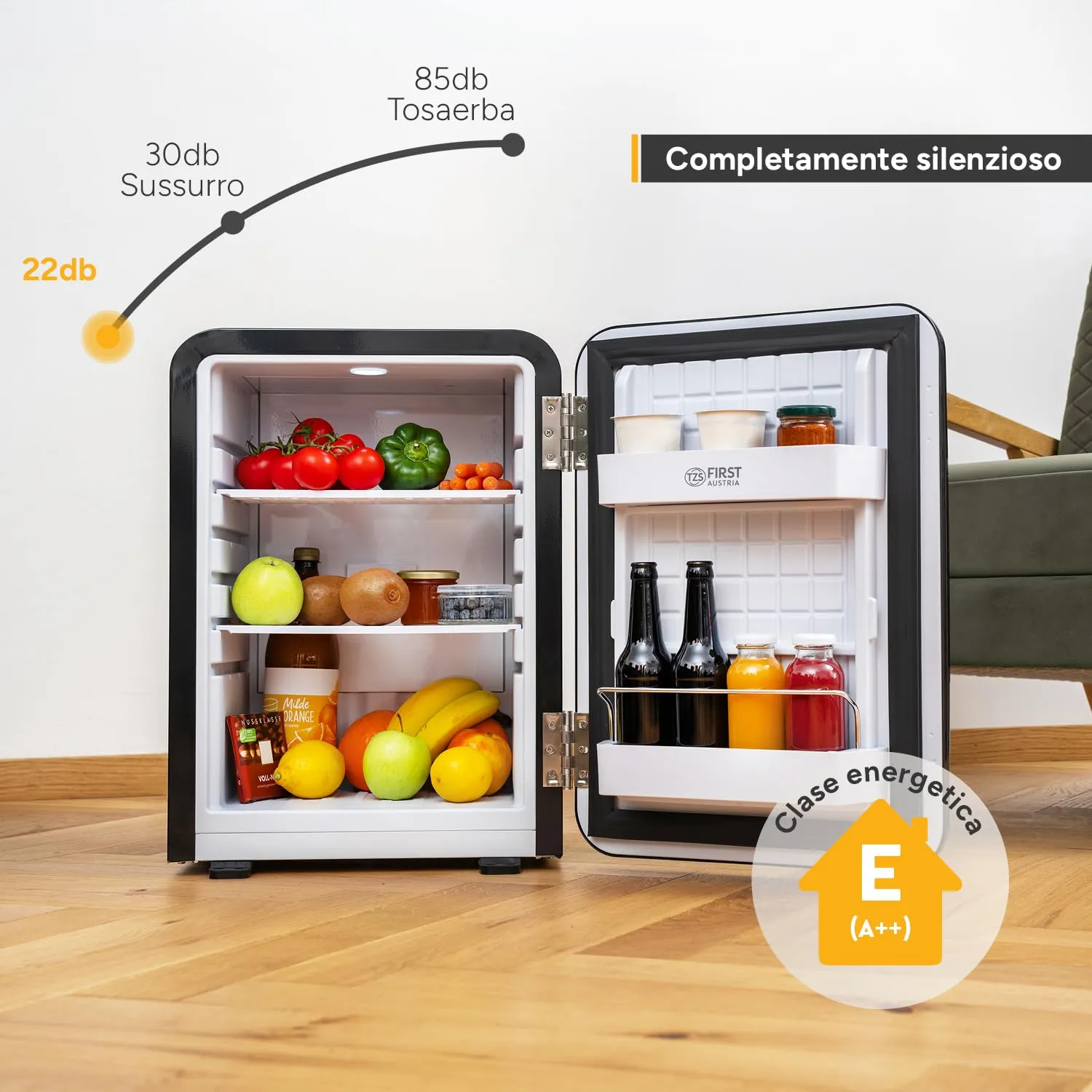 TZS First Austria - Mini Frigorifero Retrò 40L silenzioso - Piccolo Minifrigo design vintage con luce interna e 2 scomparti porta - Minibar per campeggio, ufficio, camera da letto e hotel - nero - immagine 3
