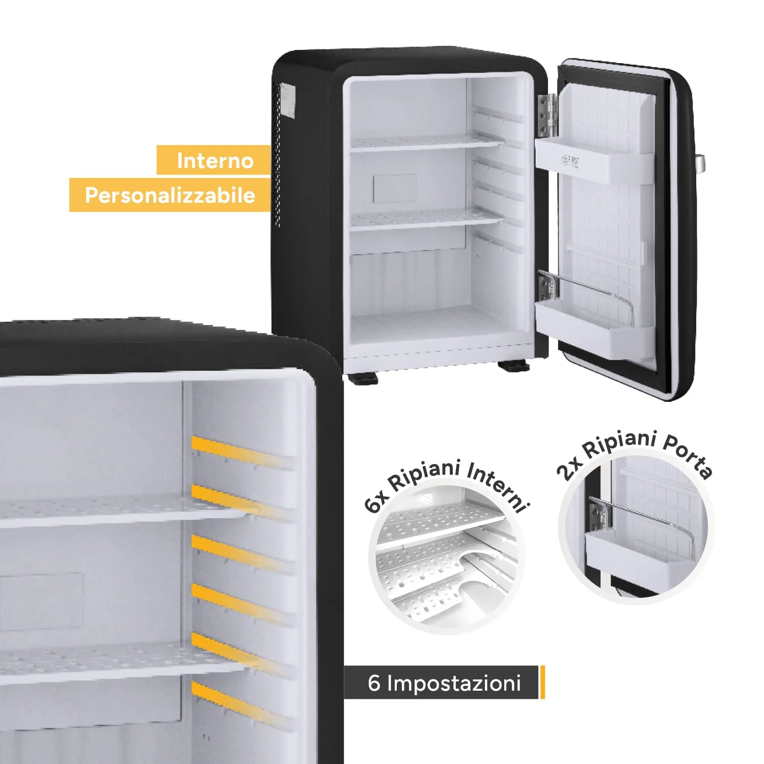 TZS First Austria - Mini Frigorifero Retrò 40L silenzioso - Piccolo Minifrigo design vintage con luce interna e 2 scomparti porta - Minibar per campeggio, ufficio, camera da letto e hotel - nero - immagine 4