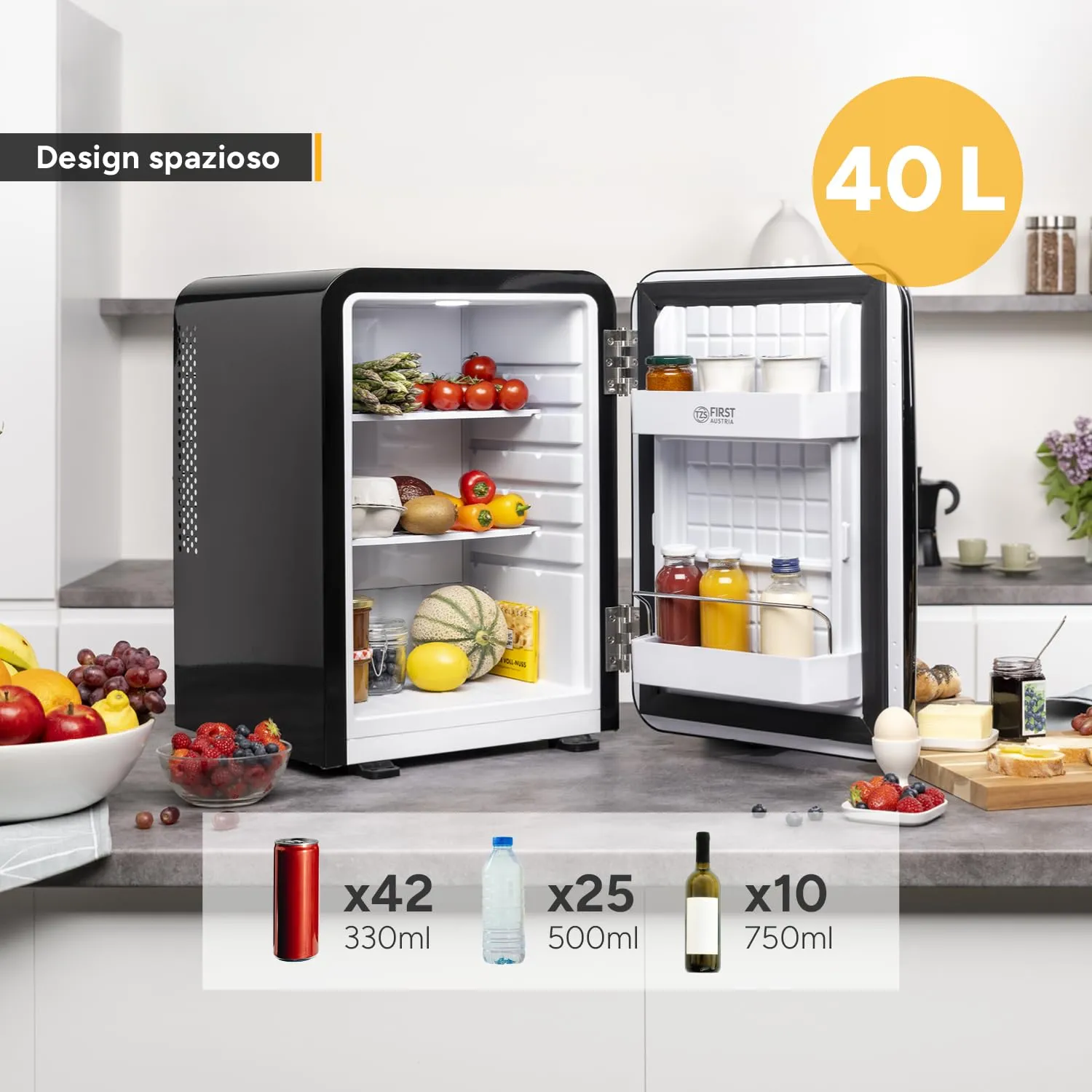 TZS First Austria - Mini Frigorifero Retrò 40L silenzioso - Piccolo Minifrigo design vintage con luce interna e 2 scomparti porta - Minibar per campeggio, ufficio, camera da letto e hotel - nero - immagine 5