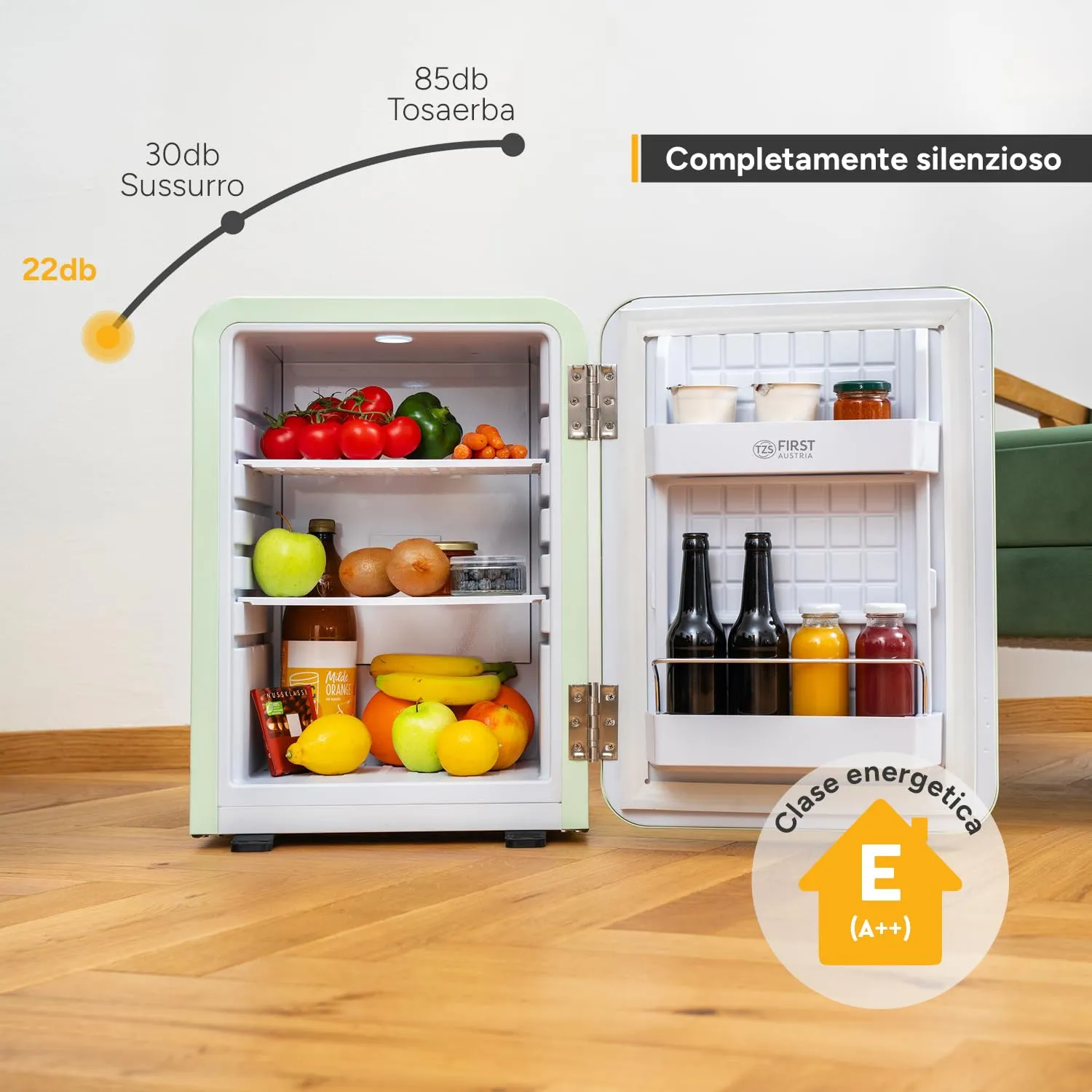 TZS First Austria - Mini Frigorifero Retrò 40L silenzioso - Piccolo Minifrigo design vintage con luce interna e 2 scomparti porta - Minibar per campeggio, ufficio, camera da letto e hotel - menta - immagine 3