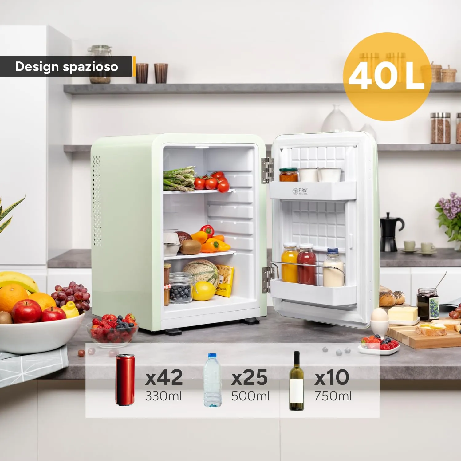 TZS First Austria - Mini Frigorifero Retrò 40L silenzioso - Piccolo Minifrigo design vintage con luce interna e 2 scomparti porta - Minibar per campeggio, ufficio, camera da letto e hotel - menta - immagine 5