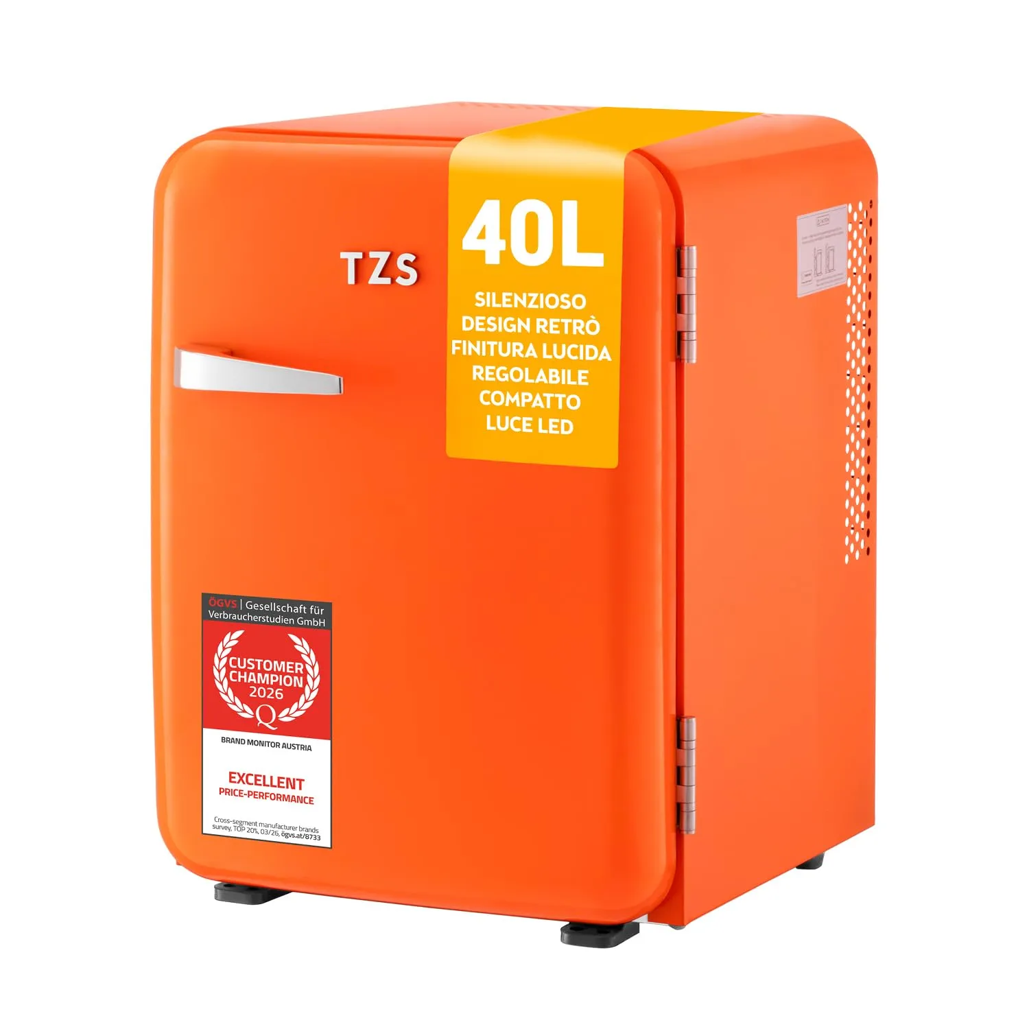TZS First Austria - Mini Frigorifero Retrò 40L silenzioso - Piccolo Minifrigo design vintage con luce interna e 2 scomparti porta - Minibar per campeggio, ufficio, camera da letto e hotel - aranc - immagine 1