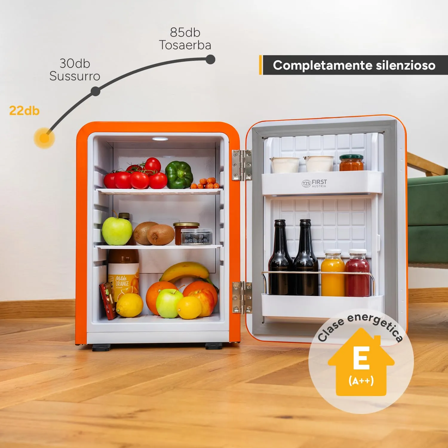 TZS First Austria - Mini Frigorifero Retrò 40L silenzioso - Piccolo Minifrigo design vintage con luce interna e 2 scomparti porta - Minibar per campeggio, ufficio, camera da letto e hotel - aranc - immagine 3