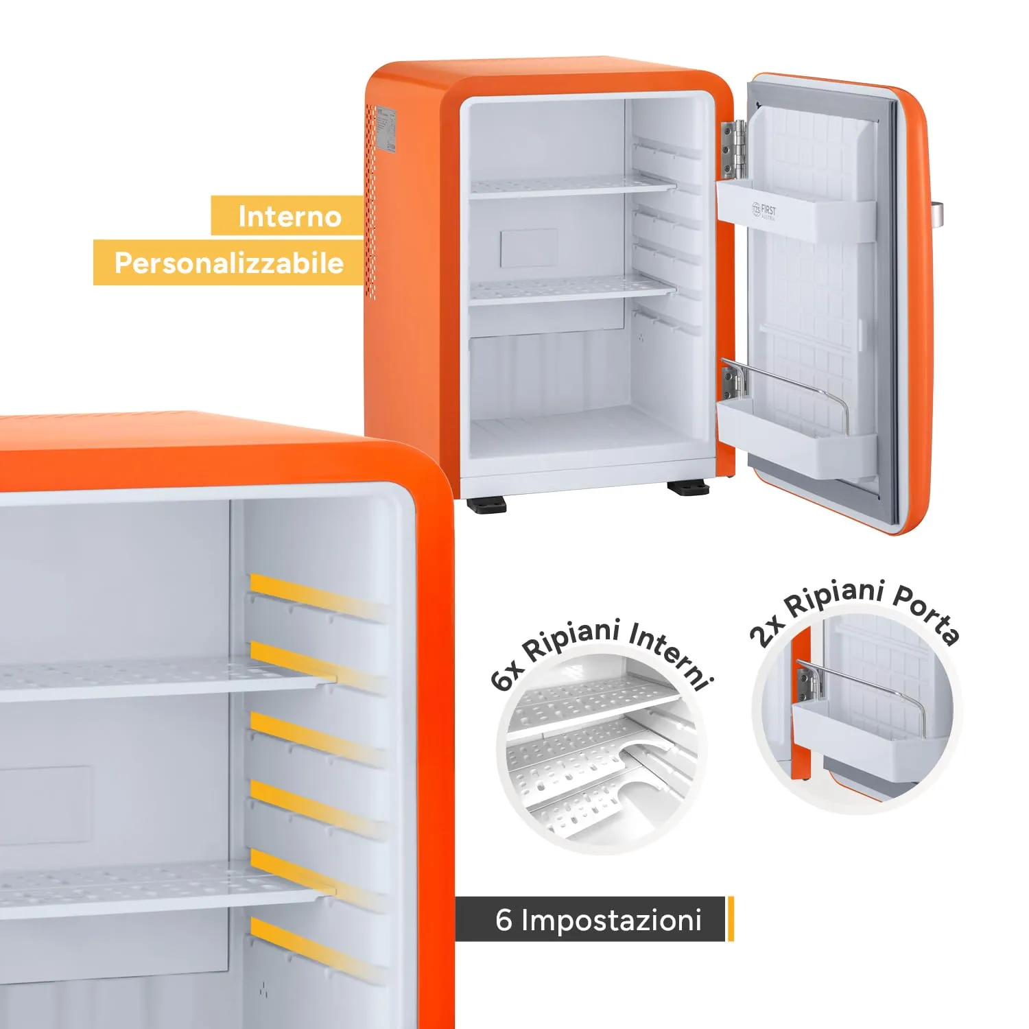 TZS First Austria - Mini Frigorifero Retrò 40L silenzioso - Piccolo Minifrigo design vintage con luce interna e 2 scomparti porta - Minibar per campeggio, ufficio, camera da letto e hotel - aranc - immagine 4