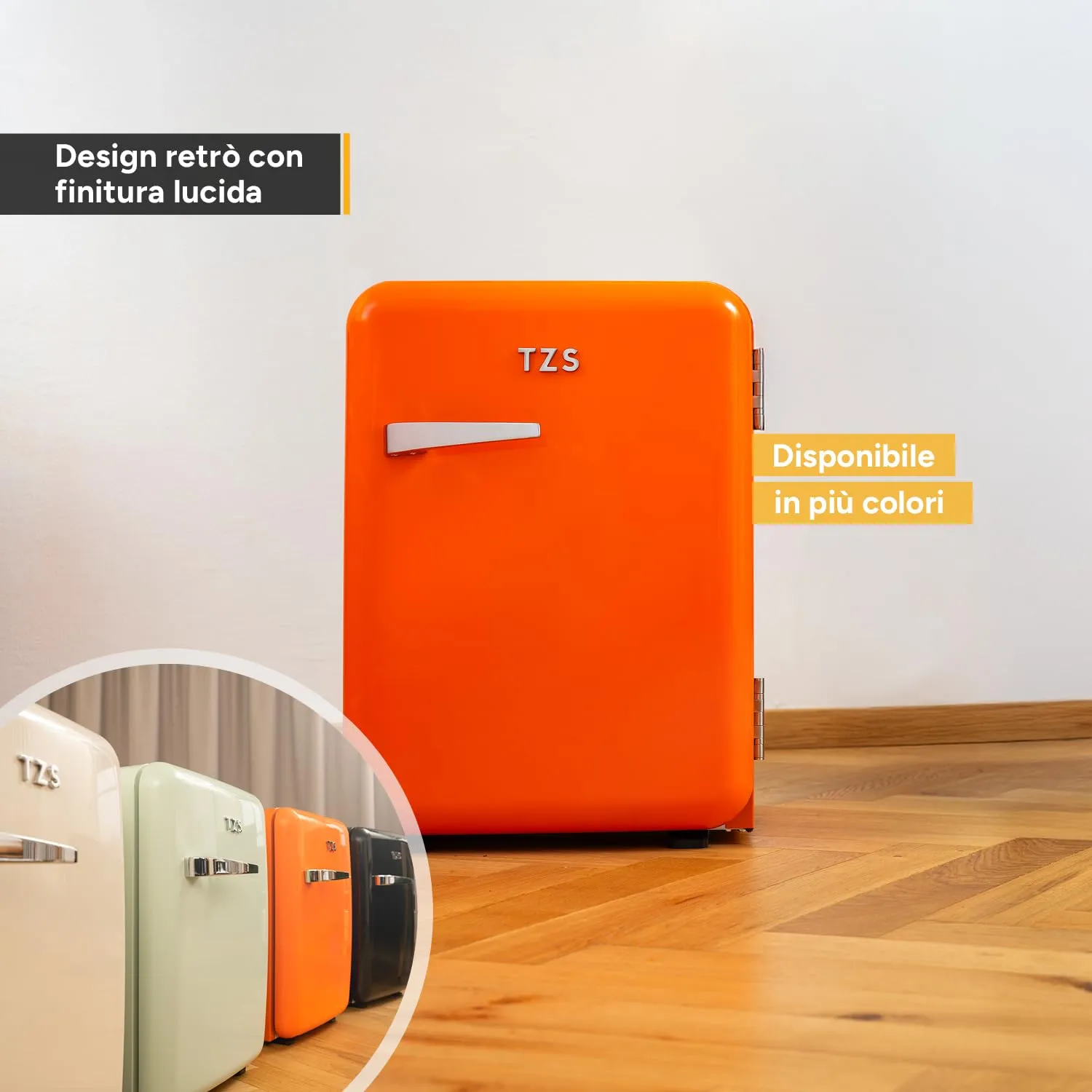 TZS First Austria - Mini Frigorifero Retrò 40L silenzioso - Piccolo Minifrigo design vintage con luce interna e 2 scomparti porta - Minibar per campeggio, ufficio, camera da letto e hotel - aranc - immagine 6