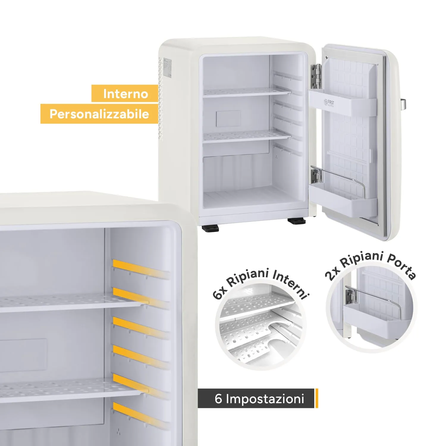TZS First Austria - Mini Frigorifero Retrò 40L silenzioso - Piccolo Minifrigo design vintage con luce interna e 2 scomparti porta - Minibar per campeggio, ufficio, camera da letto e hotel - Crema - immagine 4