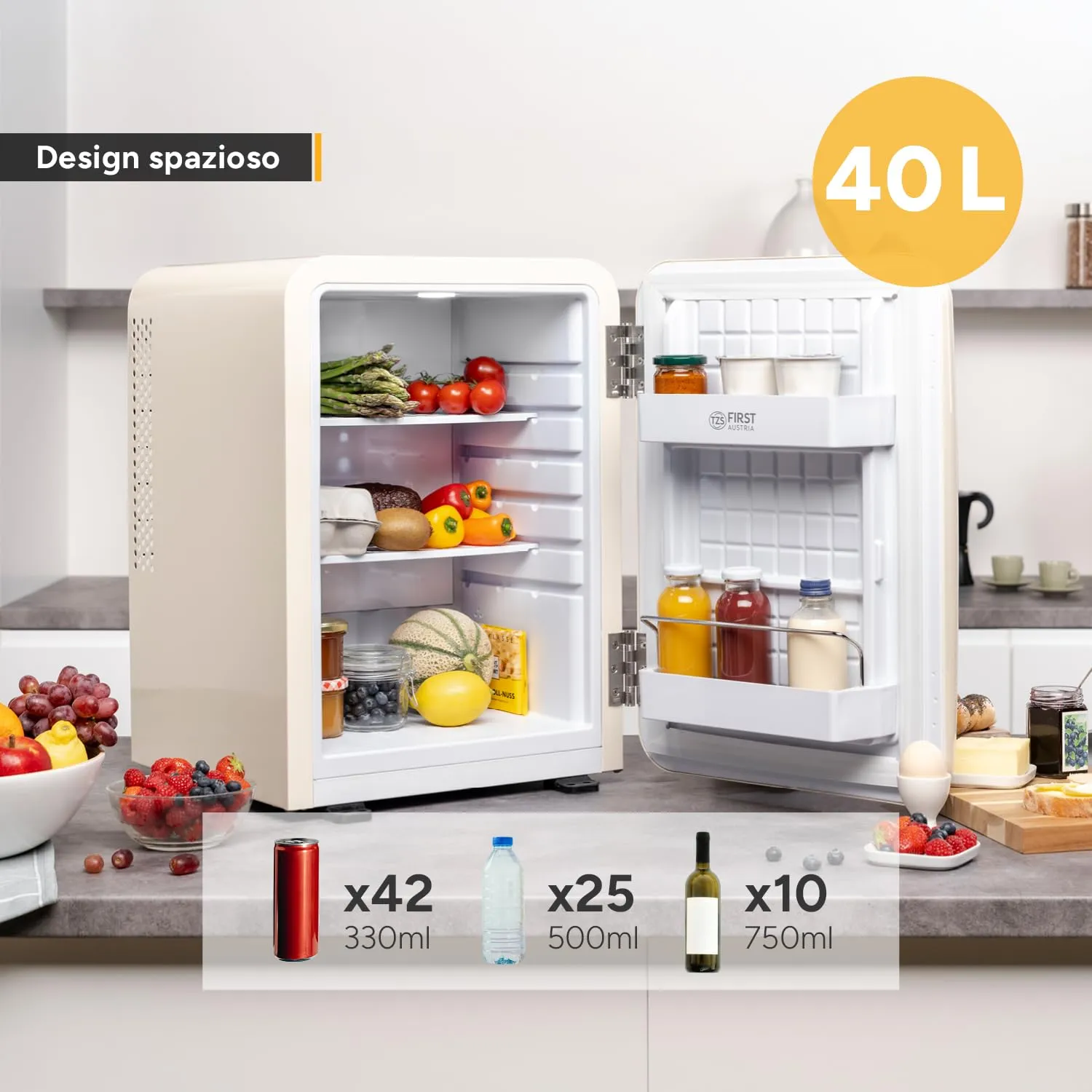 TZS First Austria - Mini Frigorifero Retrò 40L silenzioso - Piccolo Minifrigo design vintage con luce interna e 2 scomparti porta - Minibar per campeggio, ufficio, camera da letto e hotel - Crema - immagine 5