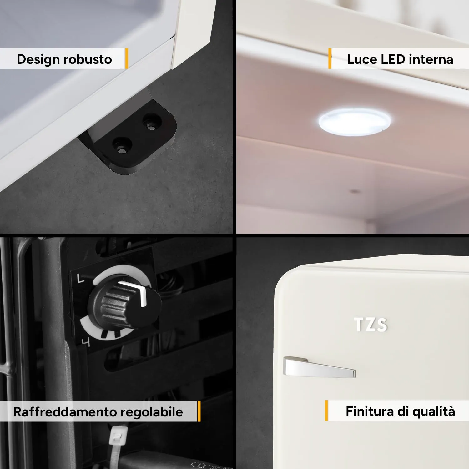TZS First Austria - Mini Frigorifero Retrò 40L silenzioso - Piccolo Minifrigo design vintage con luce interna e 2 scomparti porta - Minibar per campeggio, ufficio, camera da letto e hotel - Crema - immagine 7
