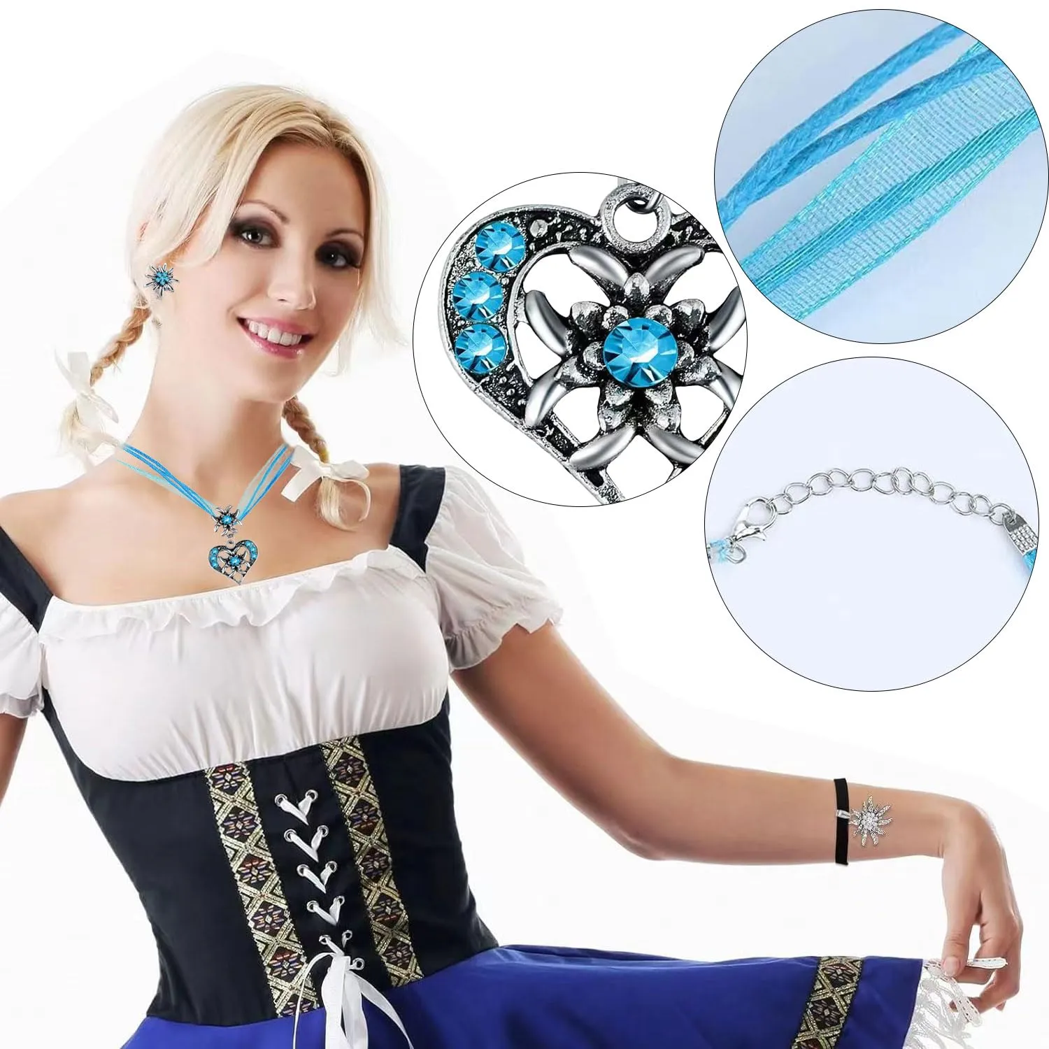 Set di 3 collane per costume tradizionale bavarese, da donna, con stella alpina, per costume tradizionale bavarese, costume tradizionale bavarese, per donna, festa della birra, costume tradizionale - immagine 3