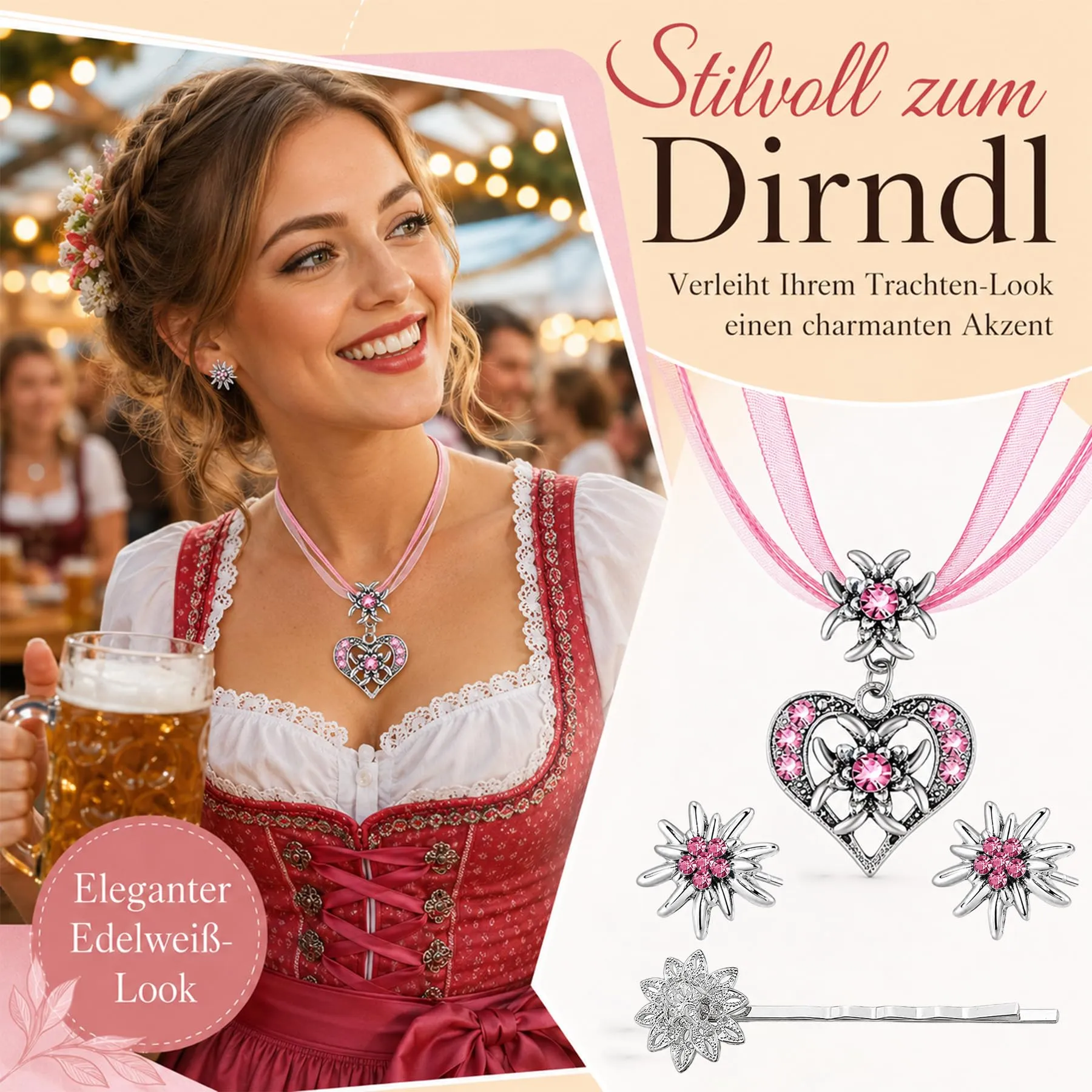 Set di 3 collane per costume tradizionale bavarese, da donna, con stella alpina, per costume tradizionale bavarese, costume tradizionale bavarese, per donna, festa della birra, costume tradizionale - immagine 4