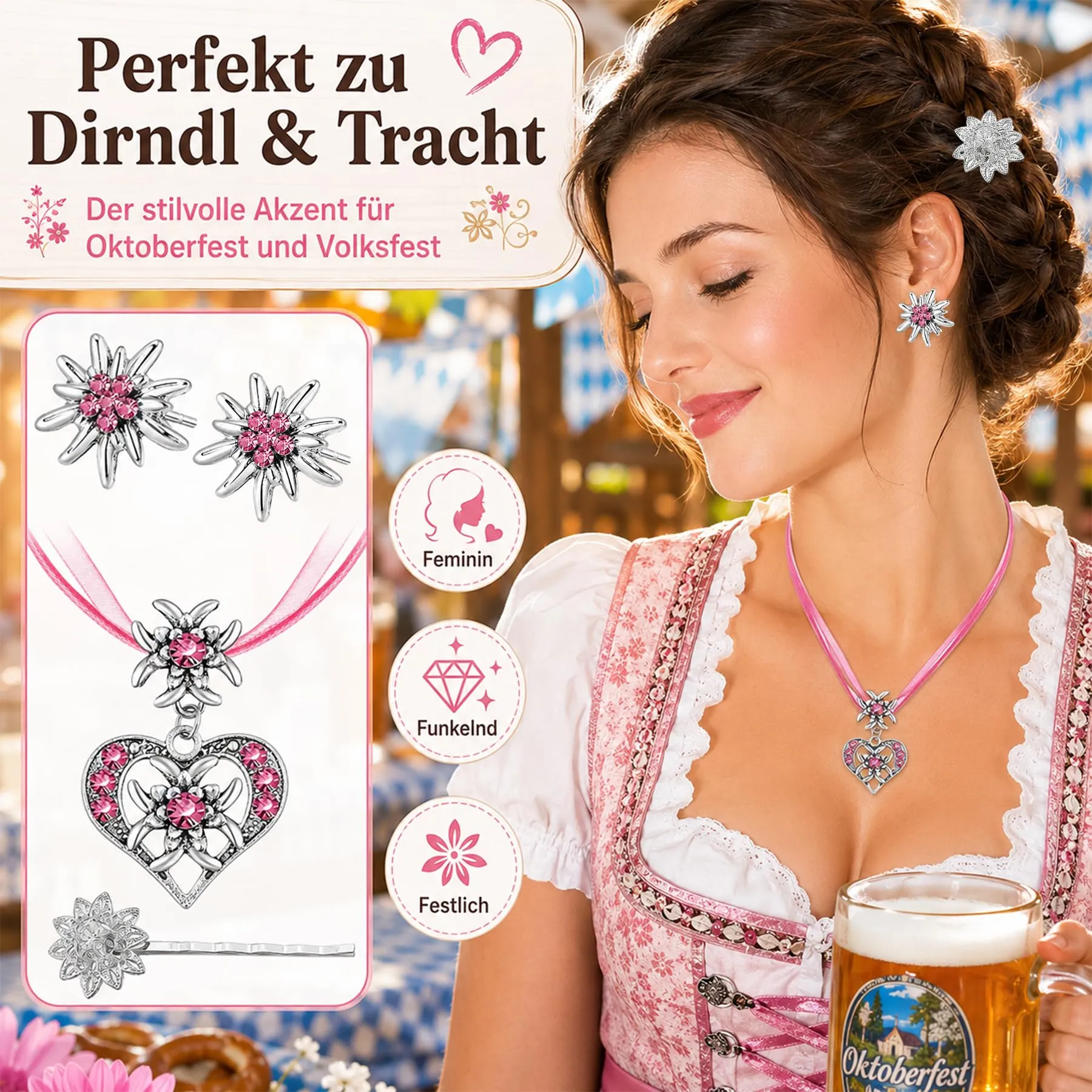Set di 3 collane per costume tradizionale bavarese, da donna, con stella alpina, per costume tradizionale bavarese, costume tradizionale bavarese, per donna, festa della birra, costume tradizionale - immagine 5