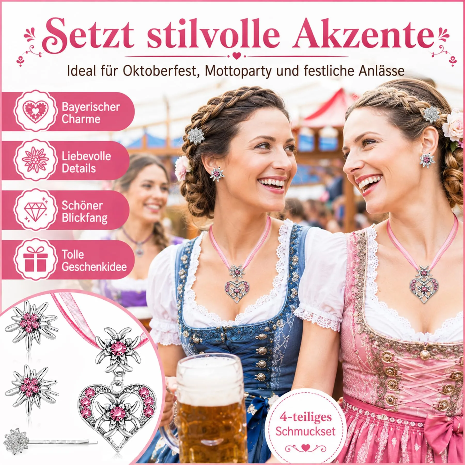 Set di 3 collane per costume tradizionale bavarese, da donna, con stella alpina, per costume tradizionale bavarese, costume tradizionale bavarese, per donna, festa della birra, costume tradizionale - immagine 7